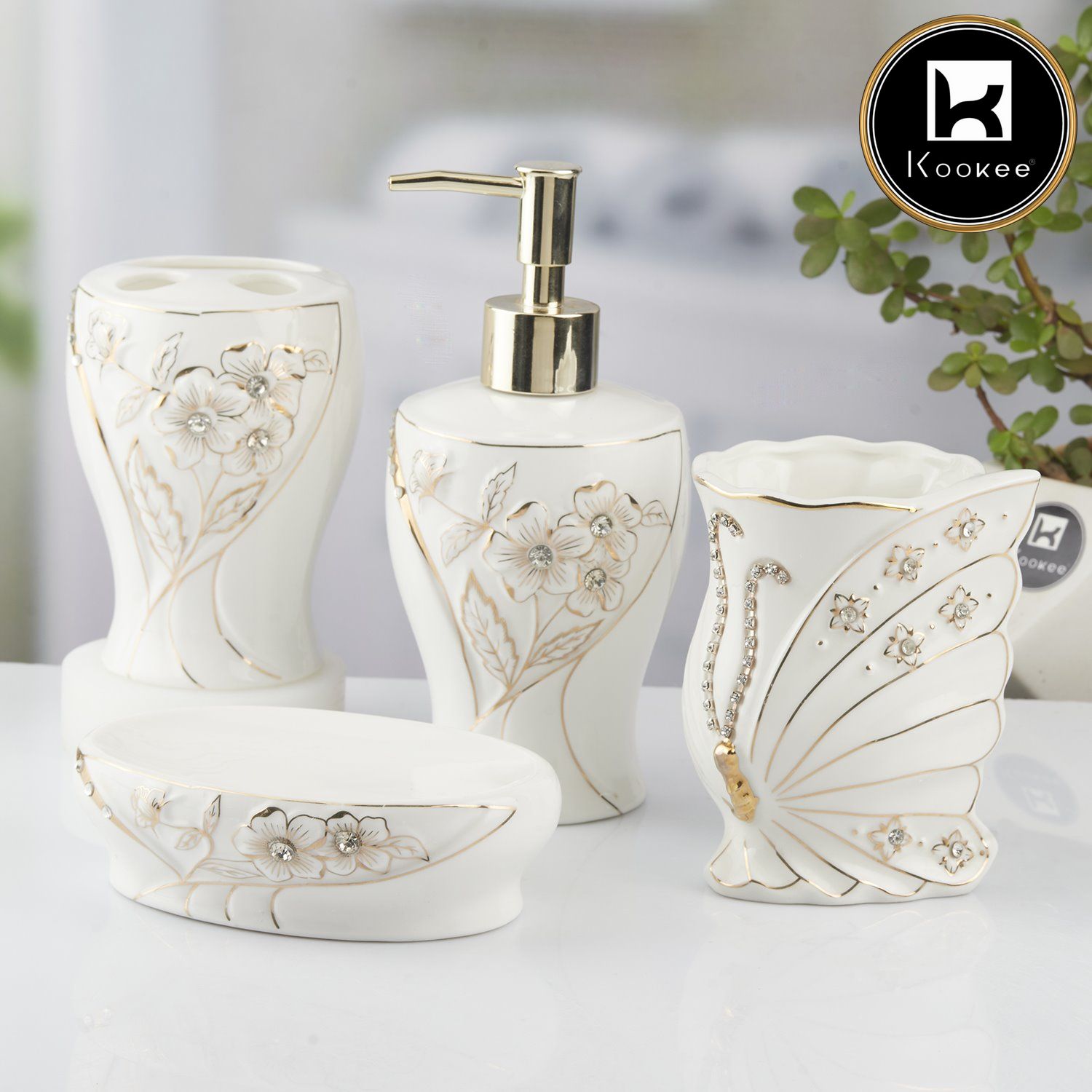 Ceramic Bathroom Accessories Set of 4 with Soap Dispenser (10372)