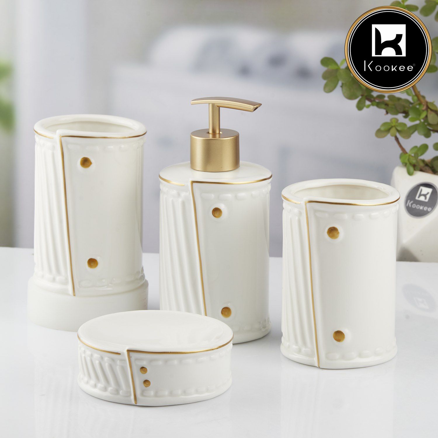 Ceramic Bathroom Set of 4 with Soap Dispenser (10373)