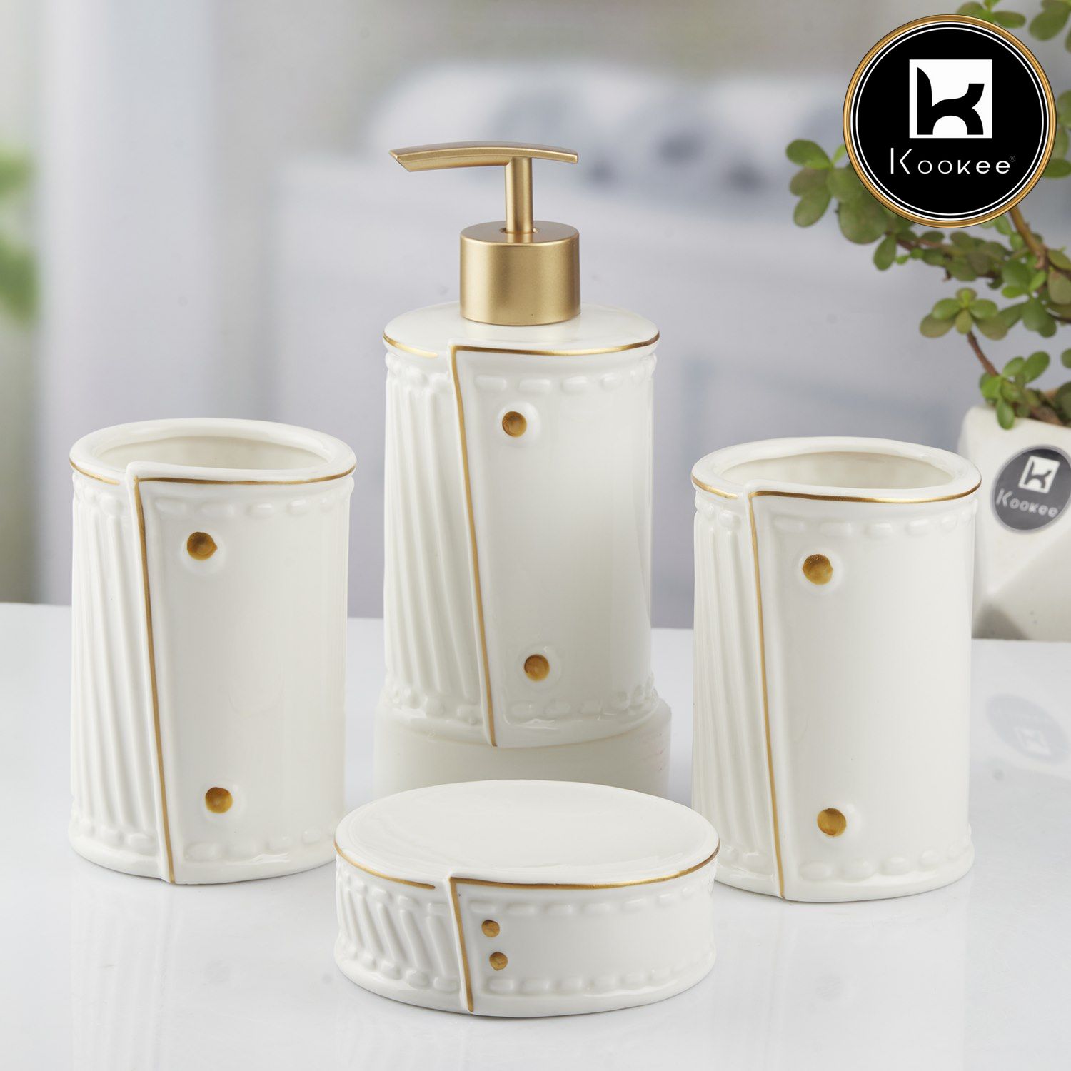 Ceramic Bathroom Set of 4 with Soap Dispenser (10373)