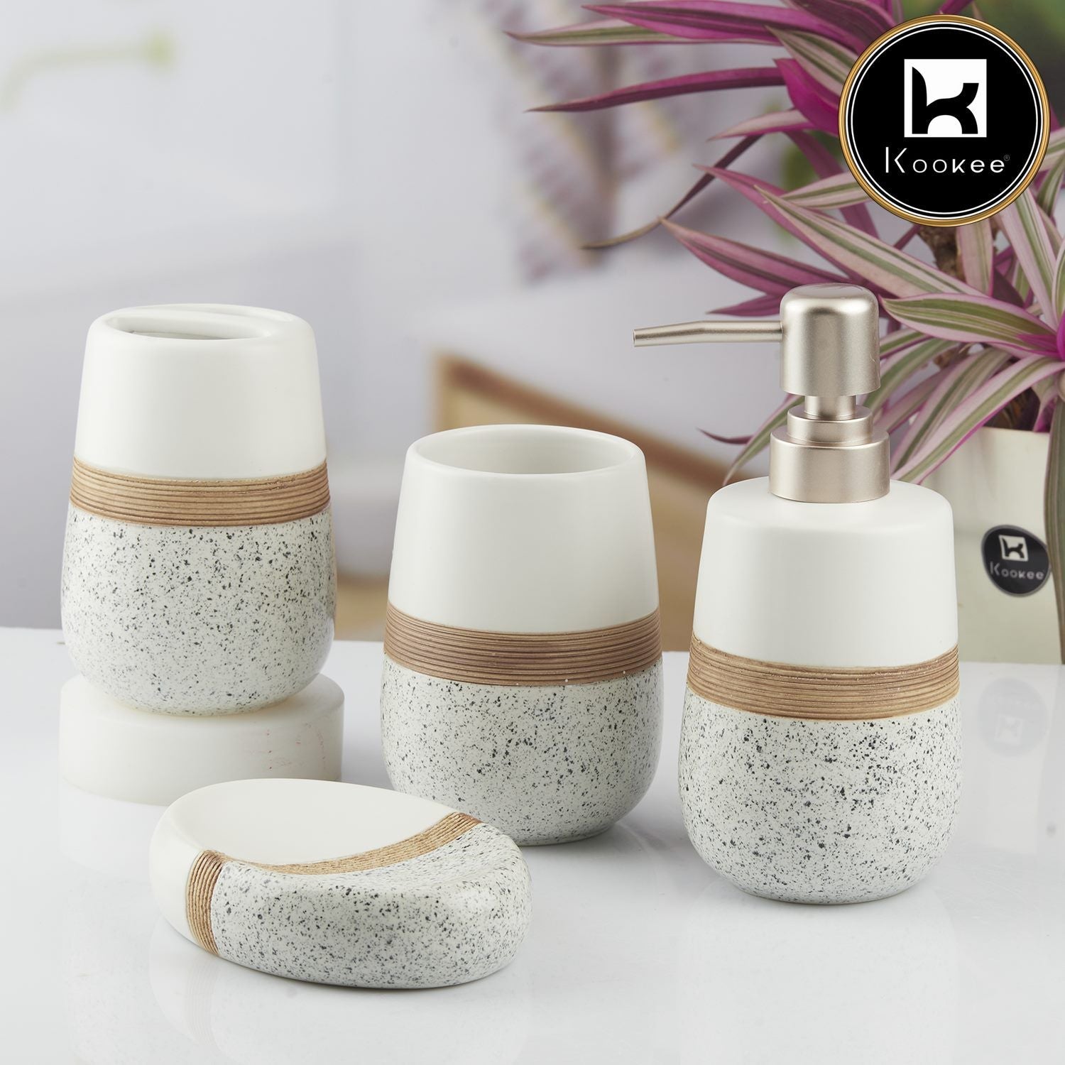 Ceramic Bathroom Set of 4 with Soap Dispenser (10374)