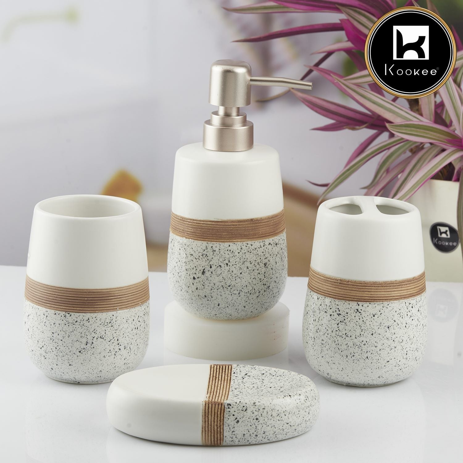 Ceramic Bathroom Set of 4 with Soap Dispenser (10374)