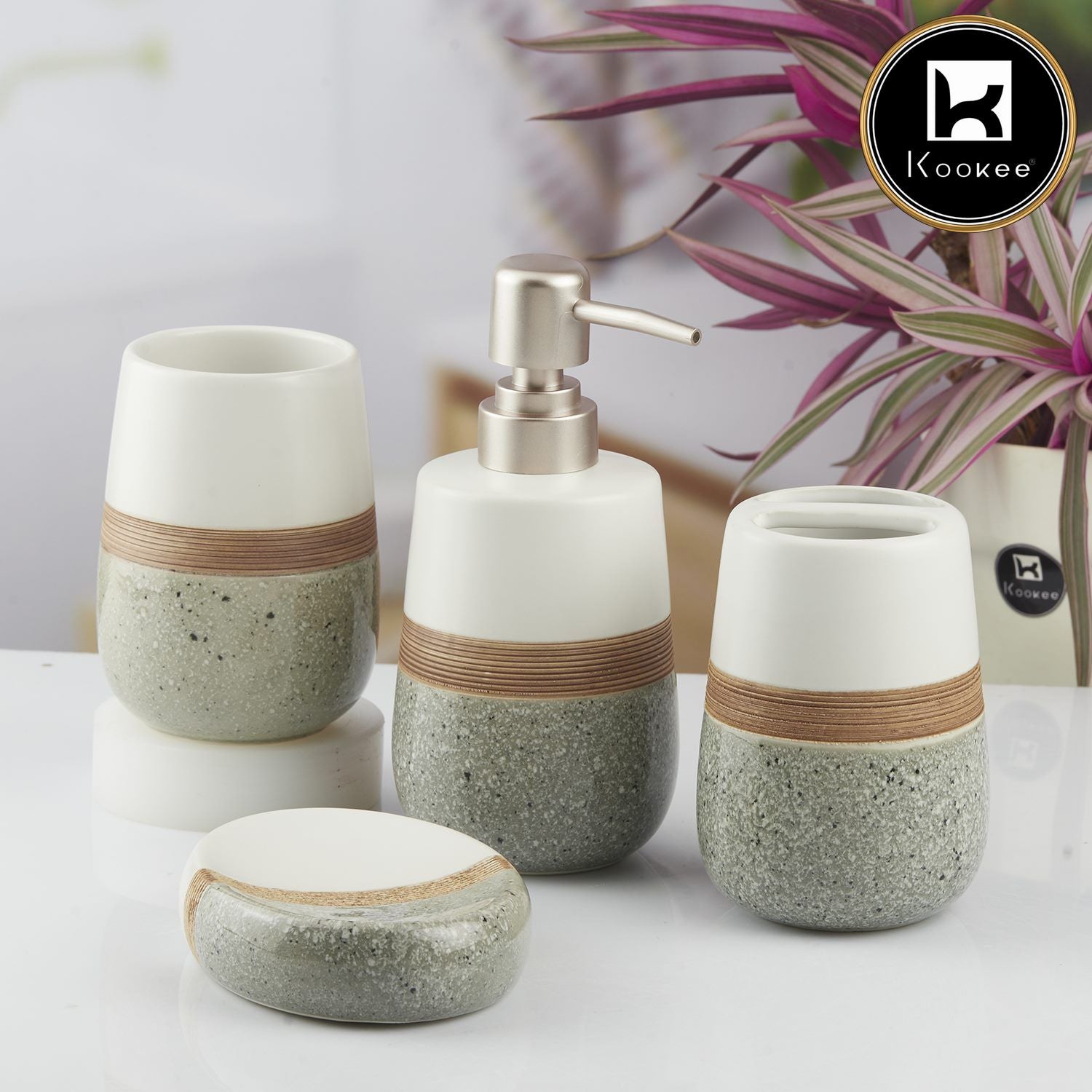 Ceramic Bathroom Set of 4 with Soap Dispenser (10375)