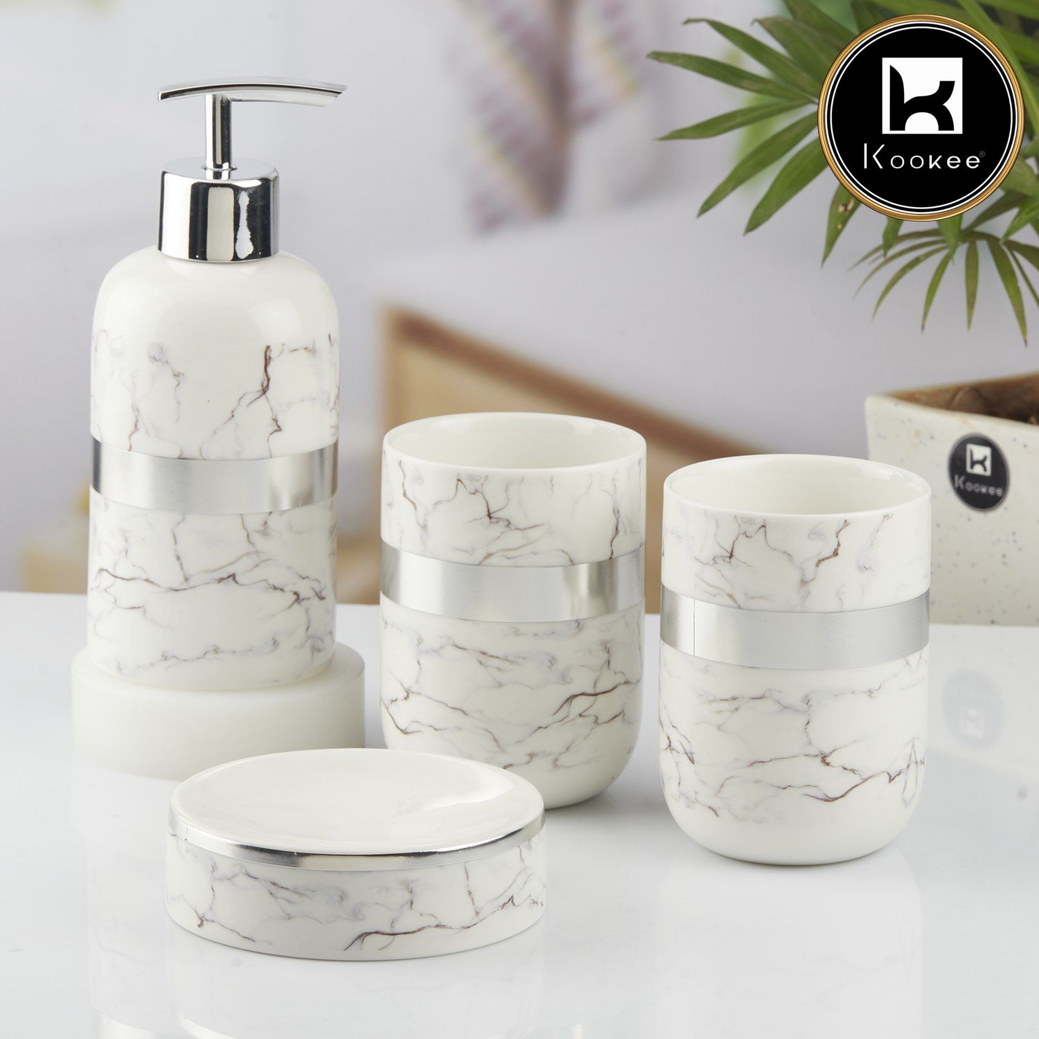 Ceramic Bathroom Set of 4 with Soap Dispenser (10376)