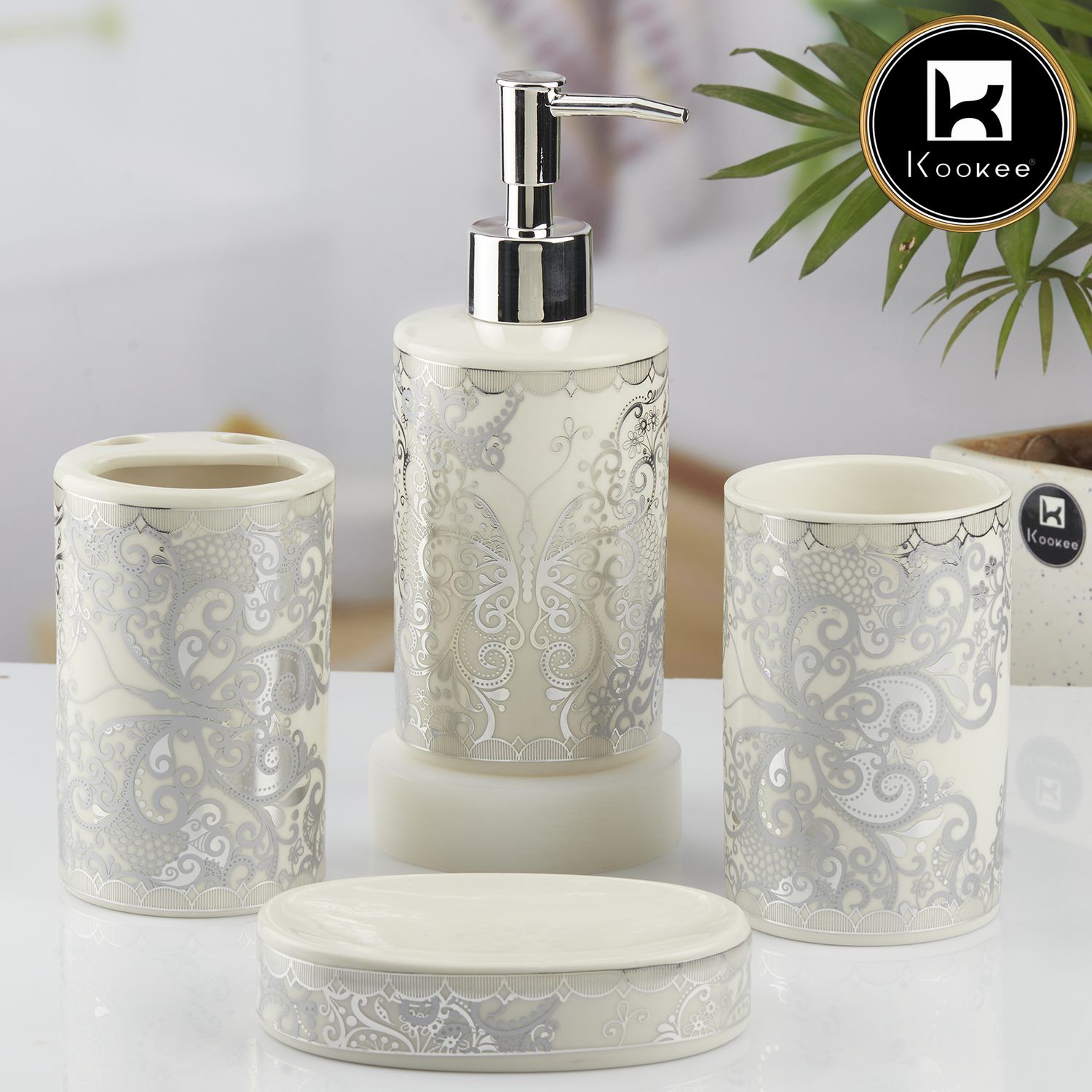 Ceramic Bathroom Set of 4 with Soap Dispenser (10377)