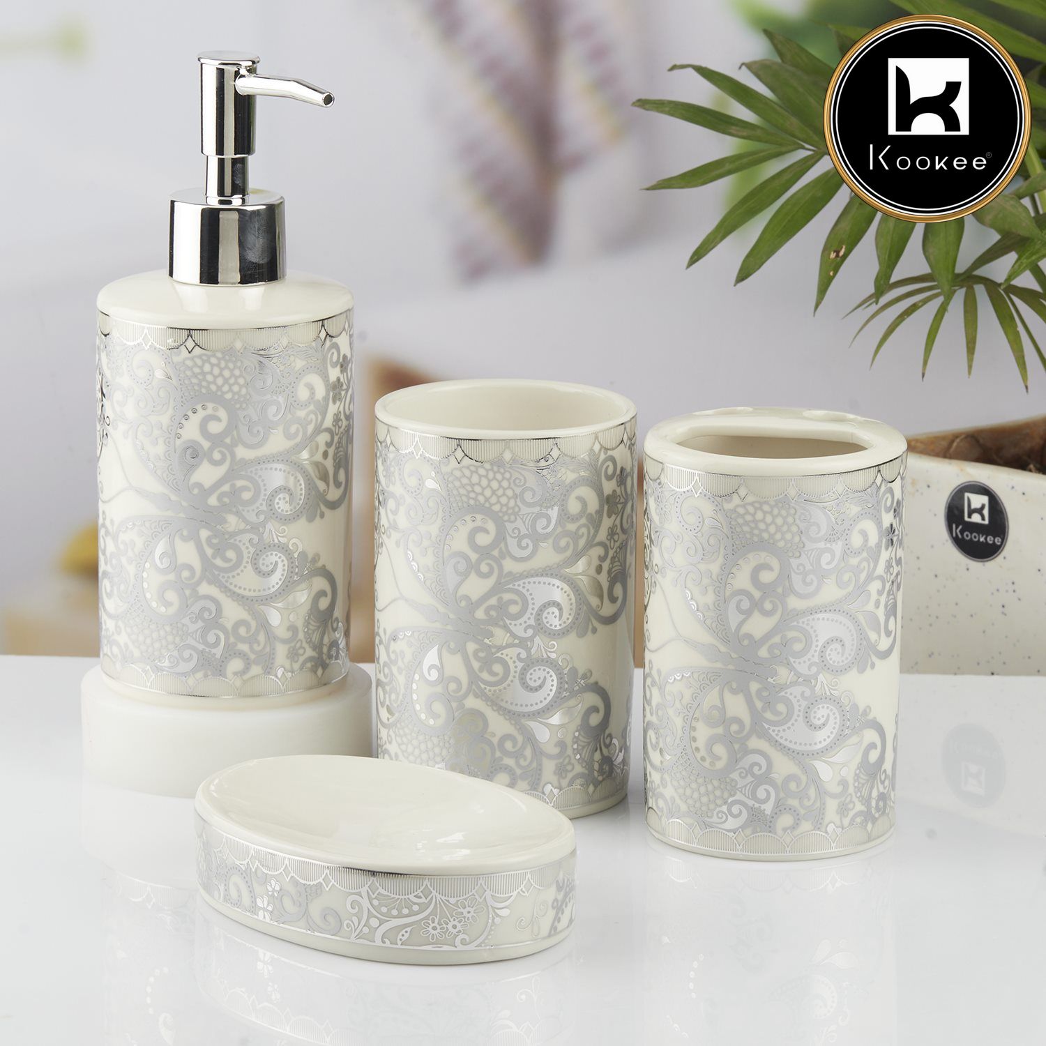 Ceramic Bathroom Set of 4 with Soap Dispenser (10377)