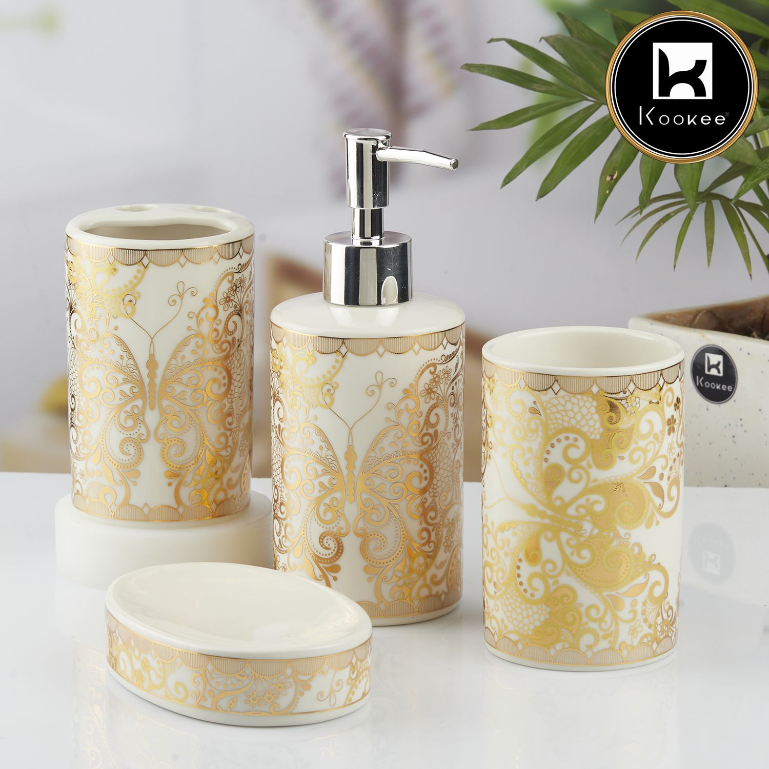 Ceramic Bathroom Set of 4 with Soap Dispenser (10378)