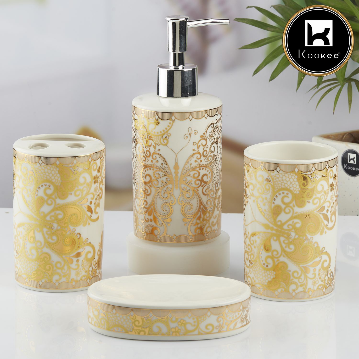 Ceramic Bathroom Set of 4 with Soap Dispenser (10378)