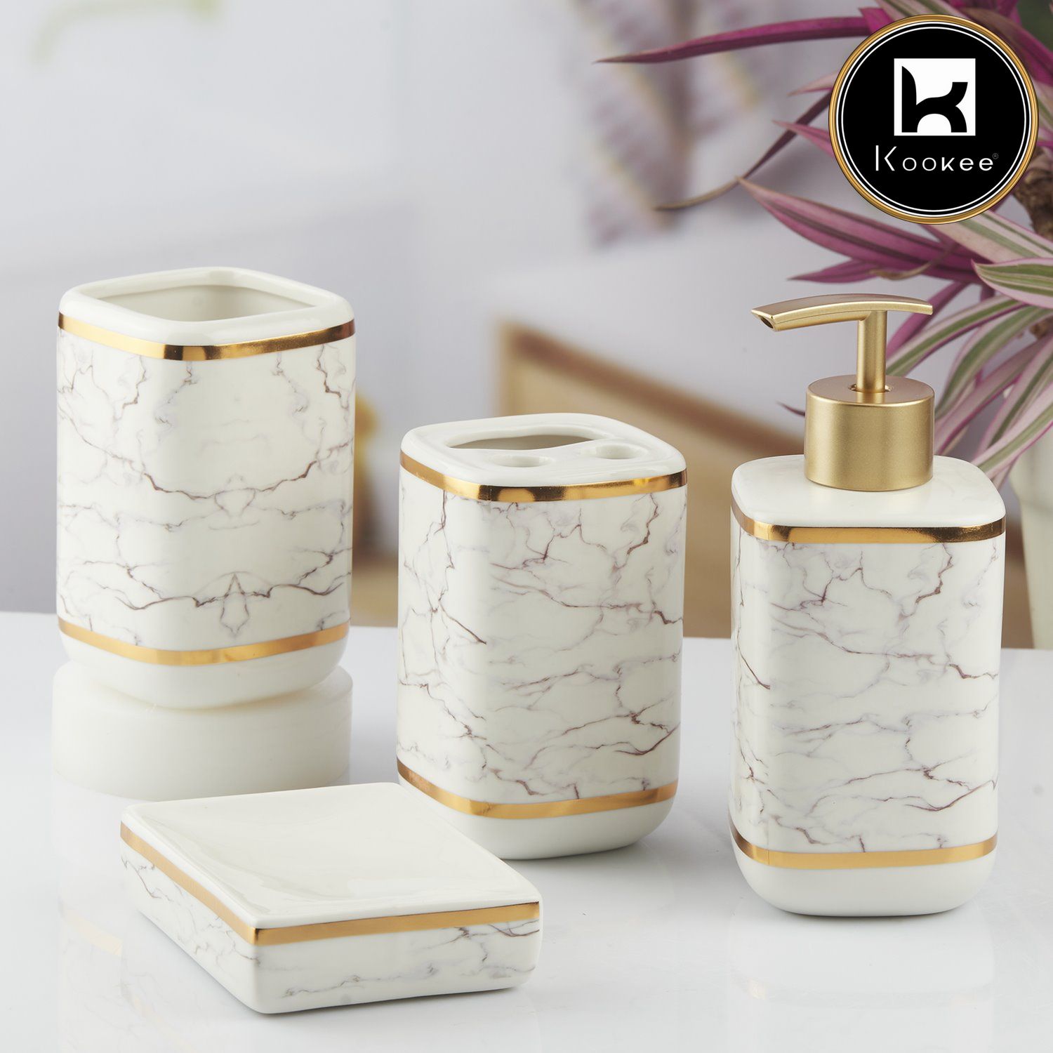 Ceramic Bathroom Accessories Set of 4 with Soap Dispenser (V-CBS-006-2)