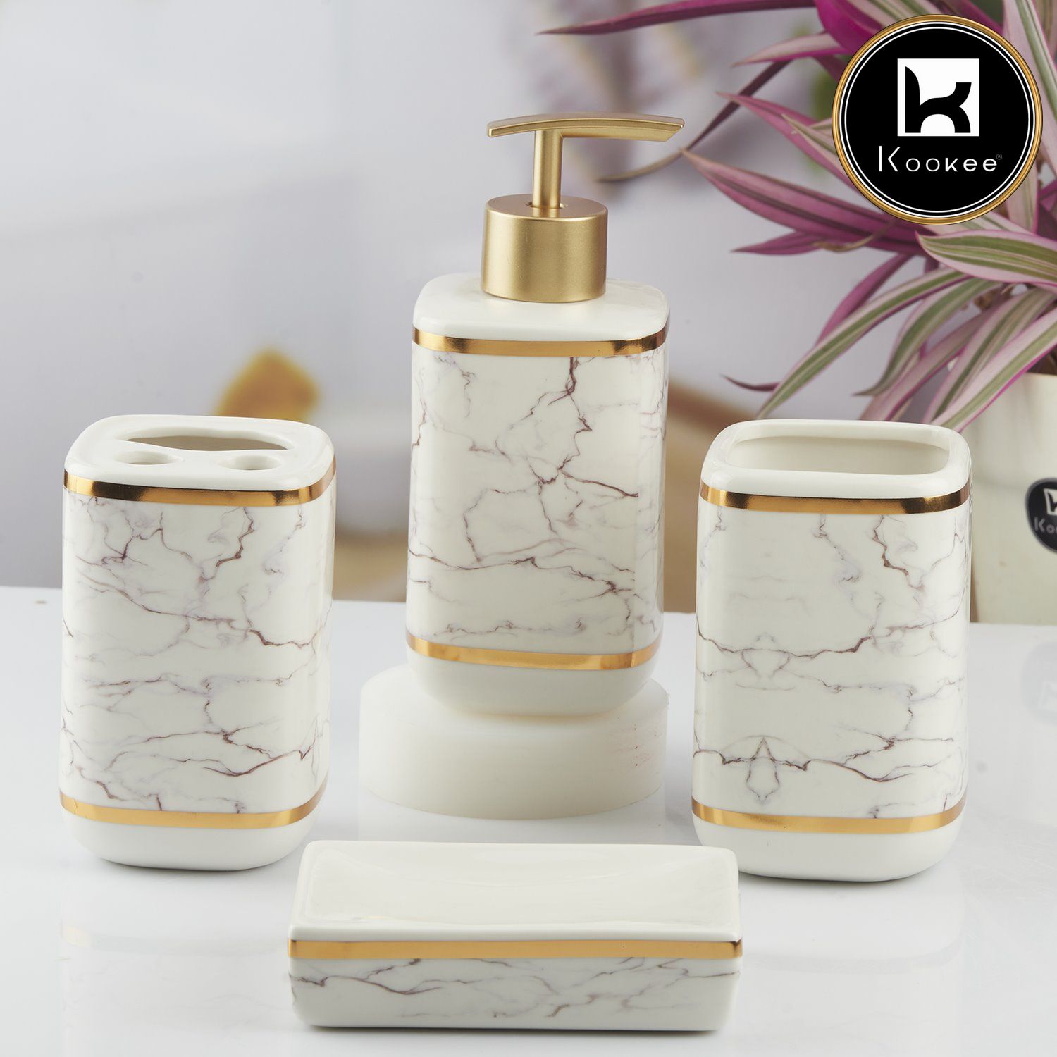 Ceramic Bathroom Accessories Set of 4 with Soap Dispenser (10379)