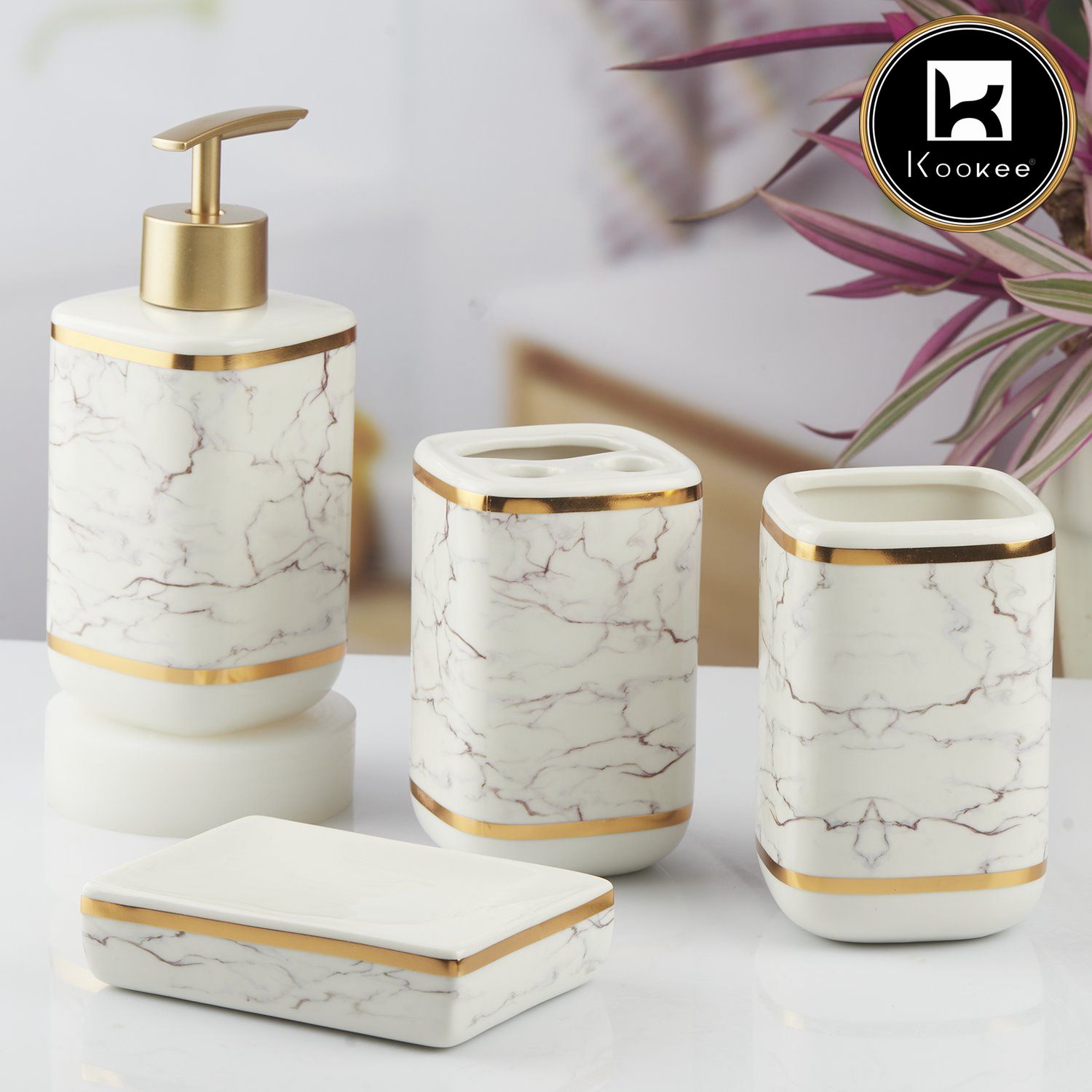 Ceramic Bathroom Accessories Set of 4 with Soap Dispenser (10379)