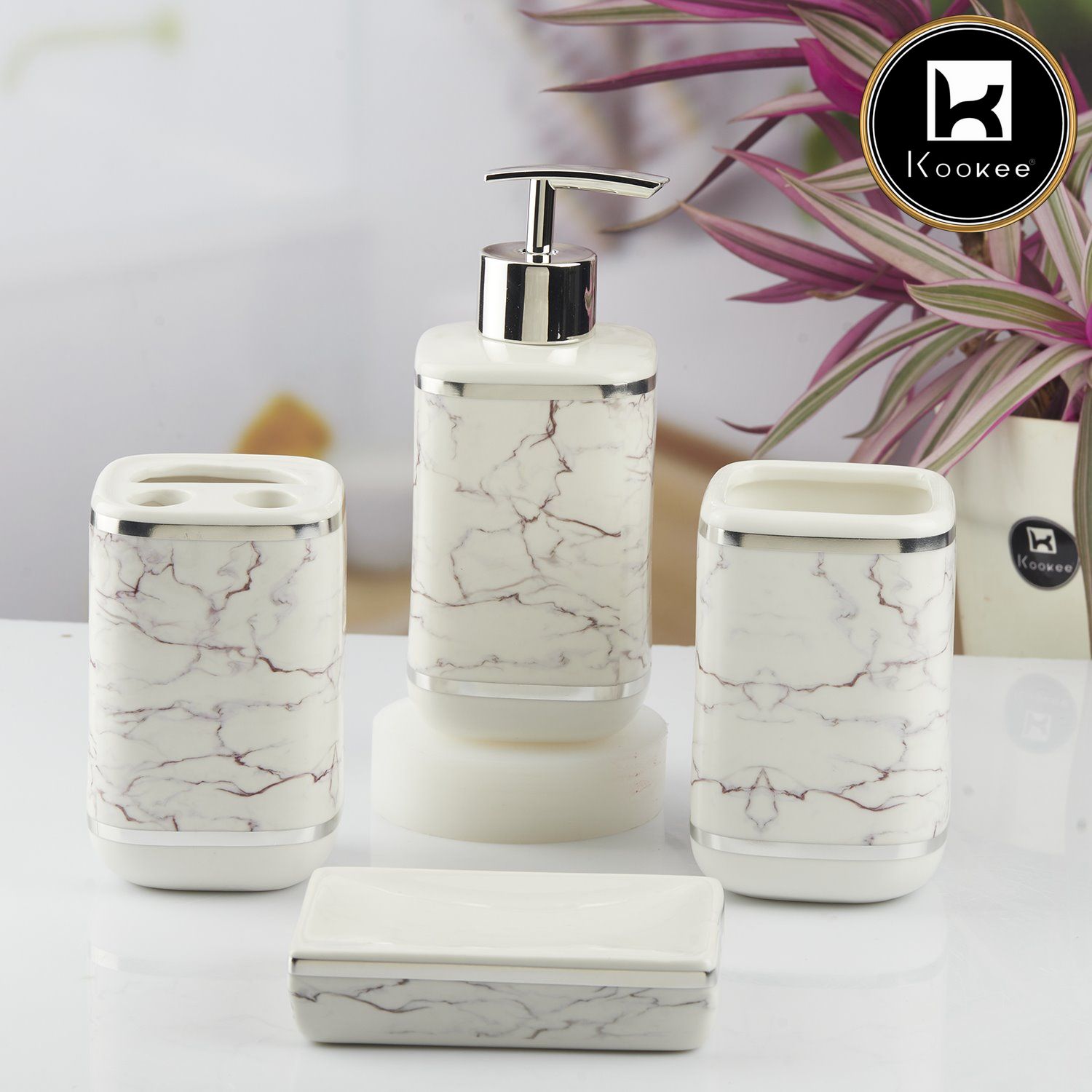 Ceramic Bathroom Accessories Set of 4 with Soap Dispenser (10380)