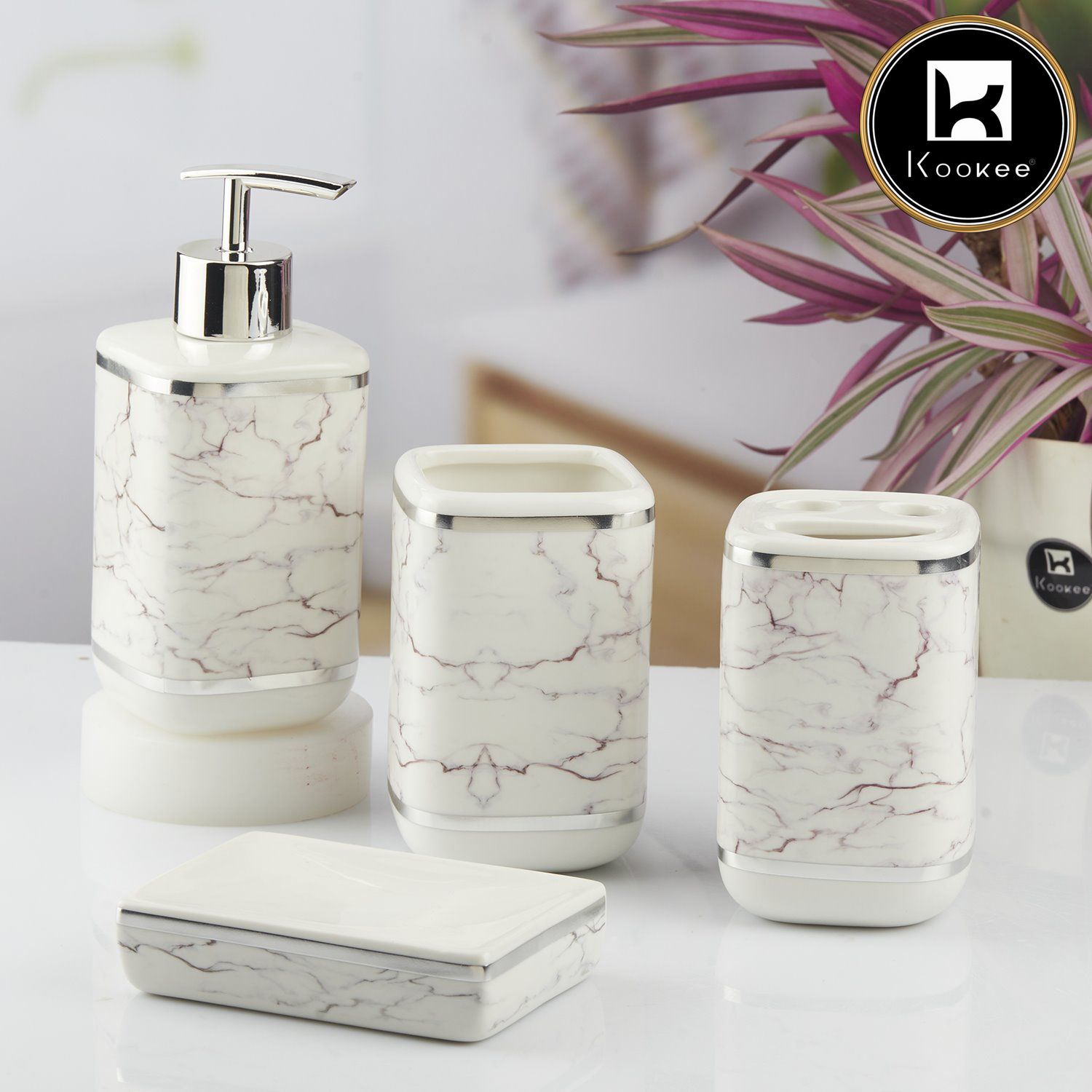 Ceramic Bathroom Accessories Set of 4 with Soap Dispenser (10380)