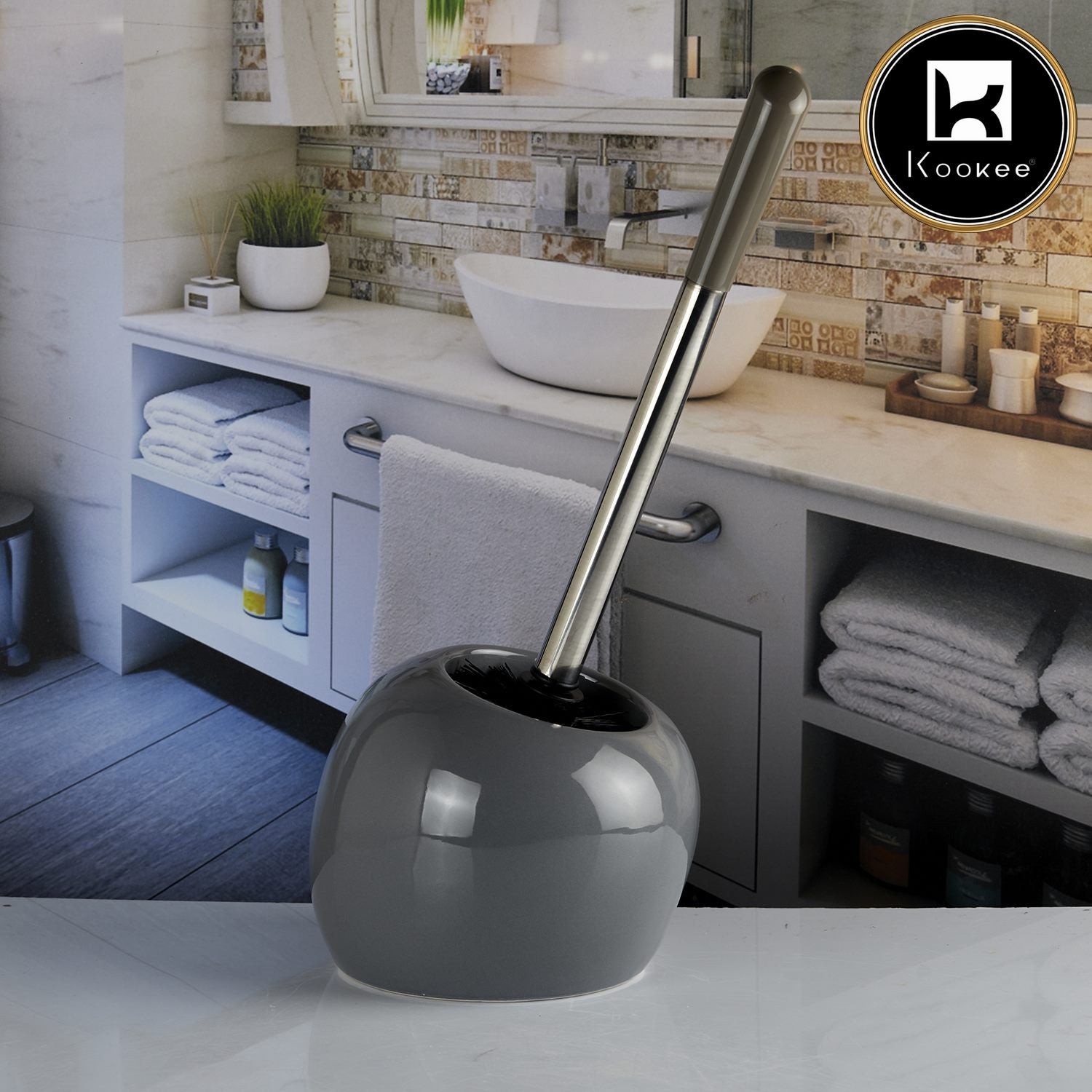 Kookee Ceramic Toilet Brush Holders, Grey, ART10381