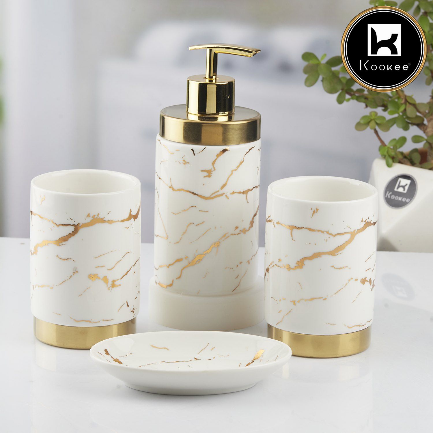 Ceramic Bathroom Set of 4 with Soap Dispenser (10382)