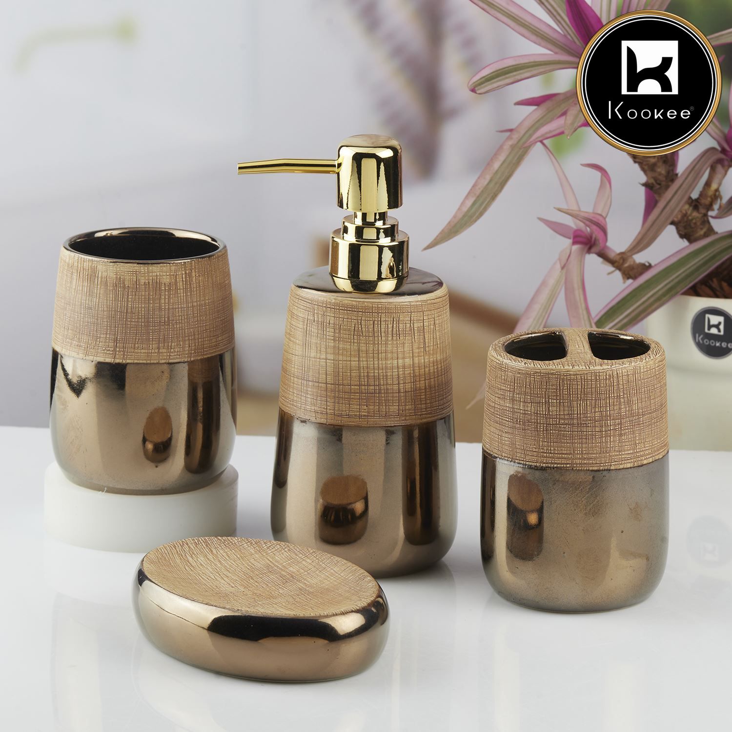 Kookee Ceramic Bathroom Sets, Brown, ART10387