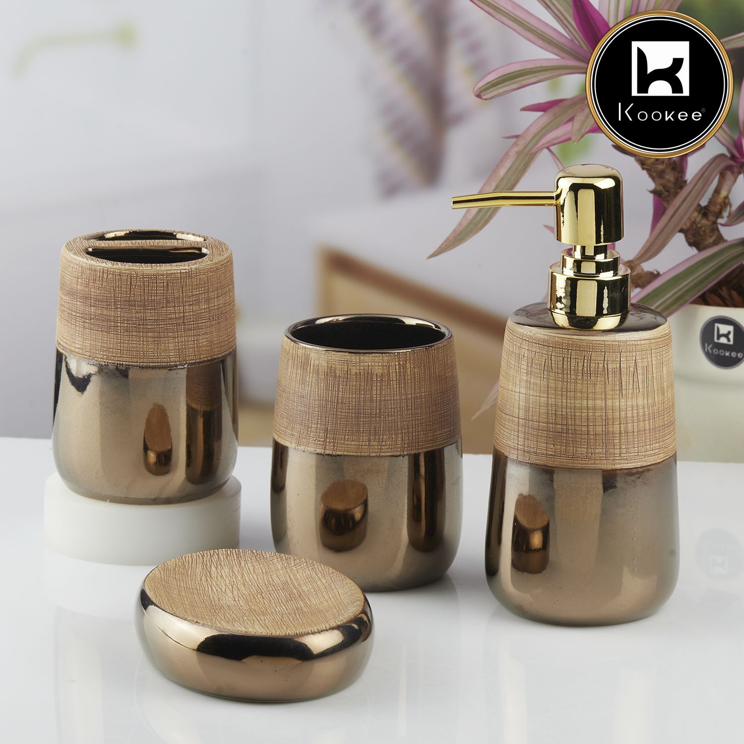 Kookee Ceramic Bathroom Sets, Brown, ART10387