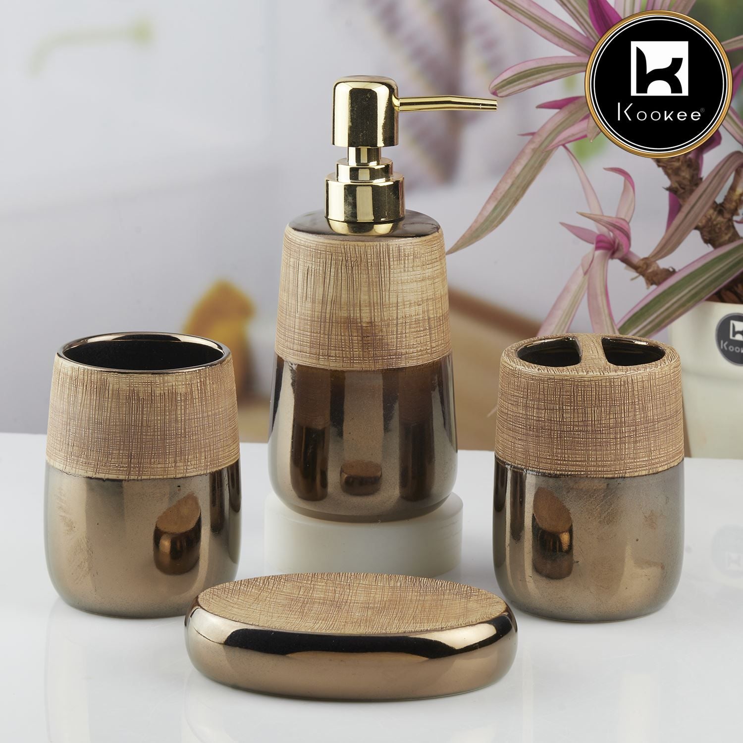 Kookee Ceramic Bathroom Sets, Brown, ART10387