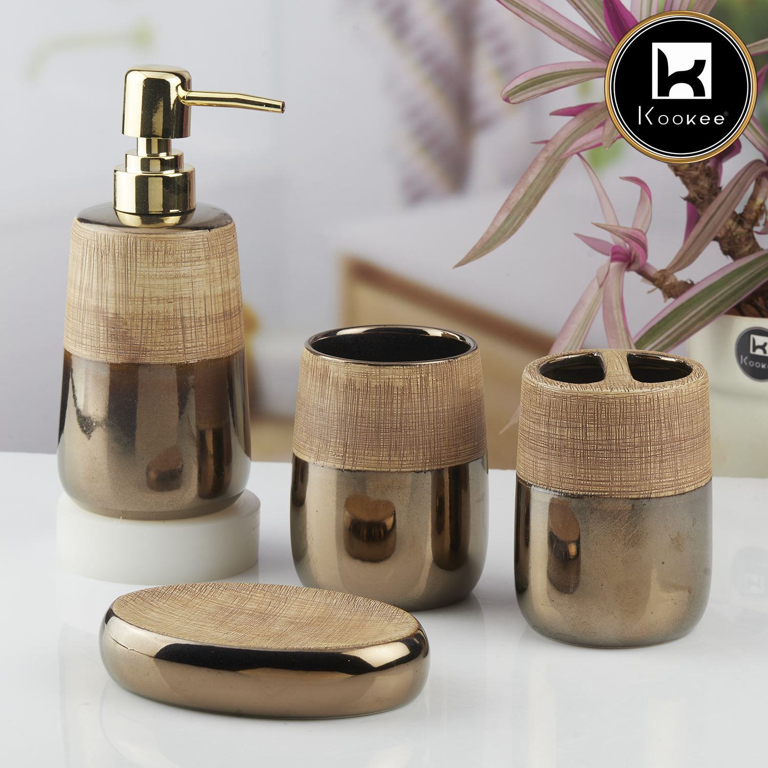 Kookee Ceramic Bathroom Sets, Brown, ART10387