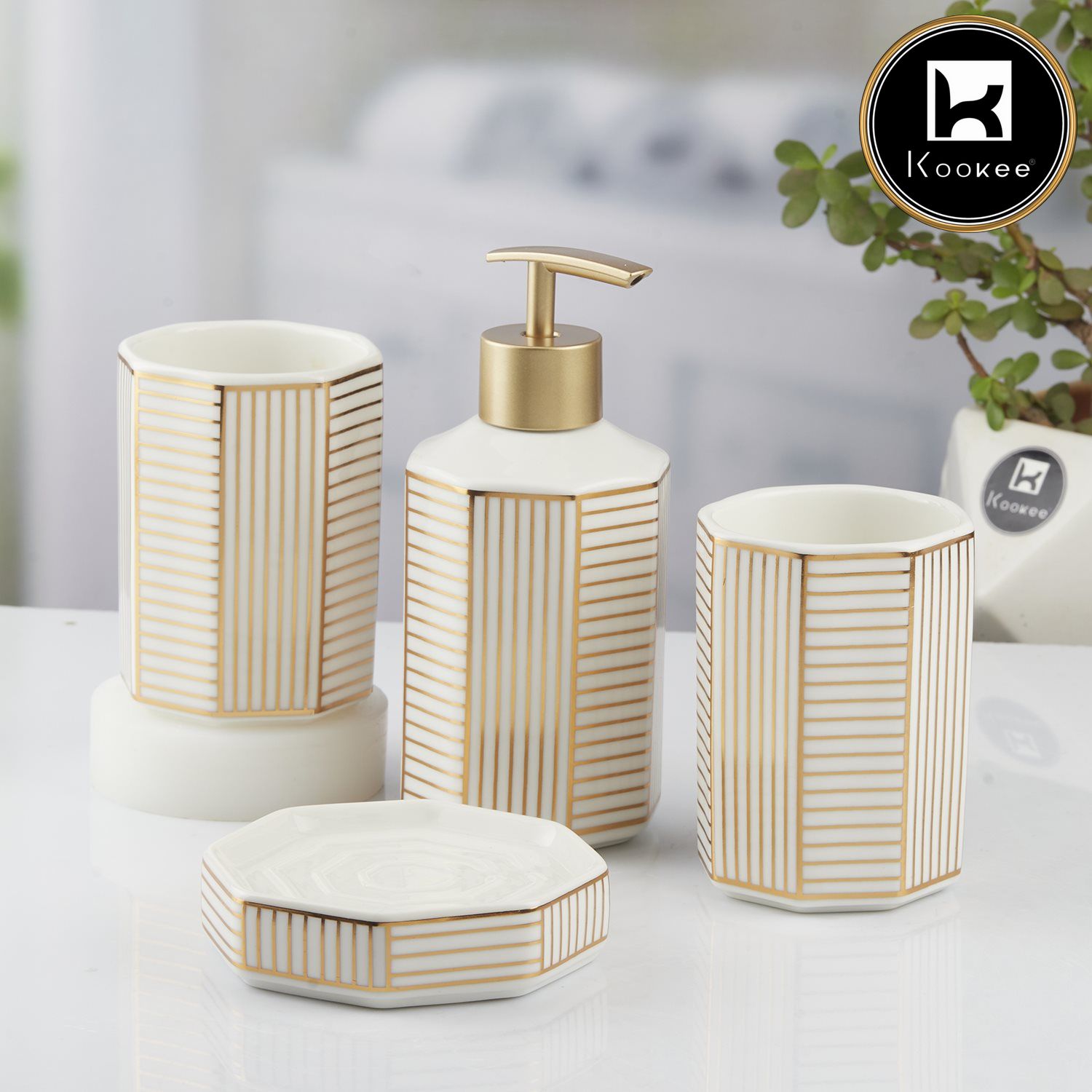 Ceramic Bathroom Set of 4 with Soap Dispenser (10388)