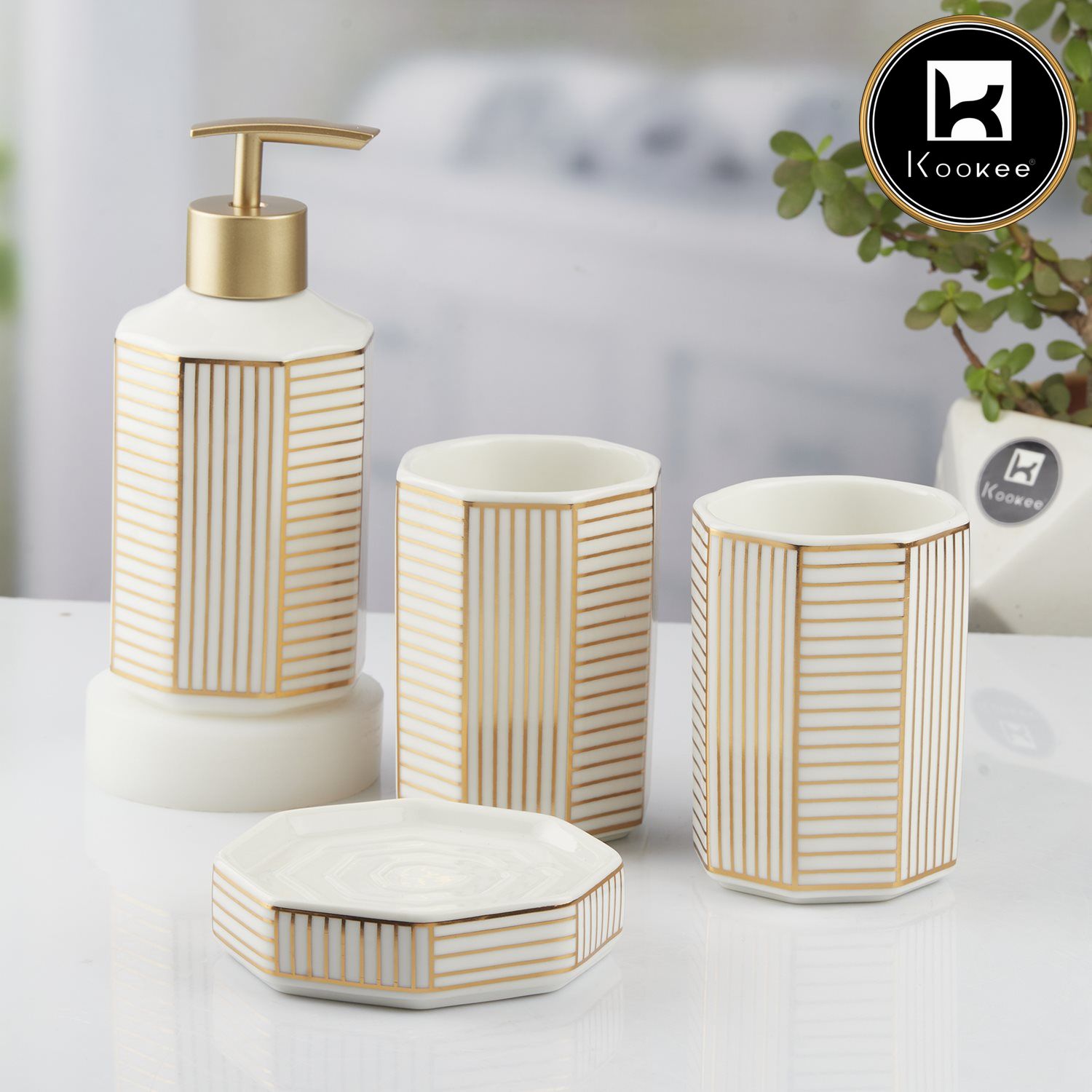 Ceramic Bathroom Set of 4 with Soap Dispenser (10388)