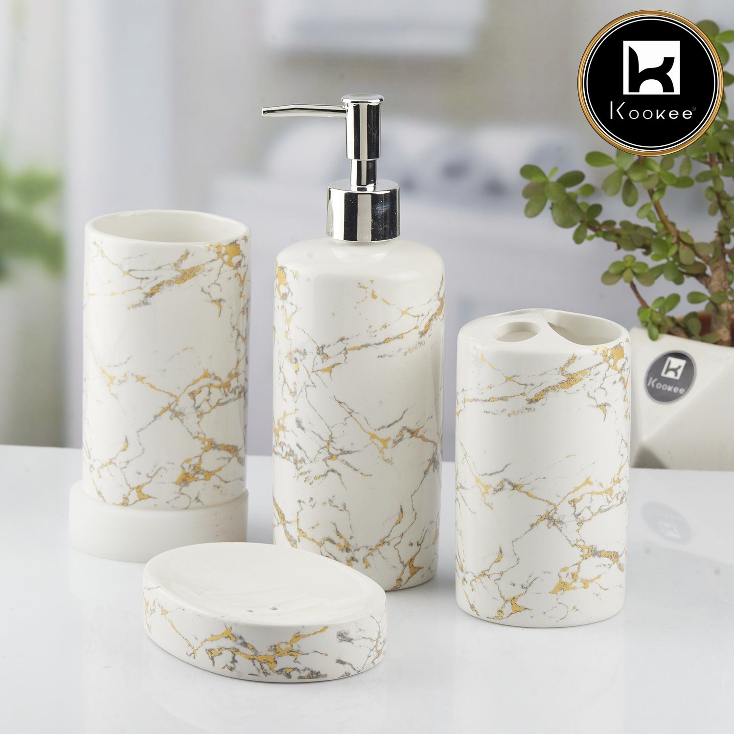 Ceramic Bathroom Set of 4 with Soap Dispenser (10389)