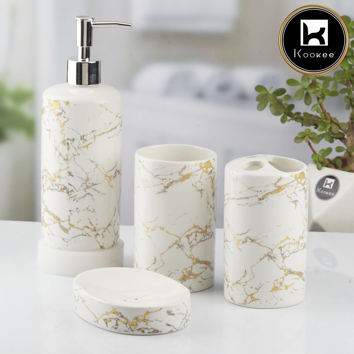 Ceramic Bathroom Set of 4 with Soap Dispenser (10389)