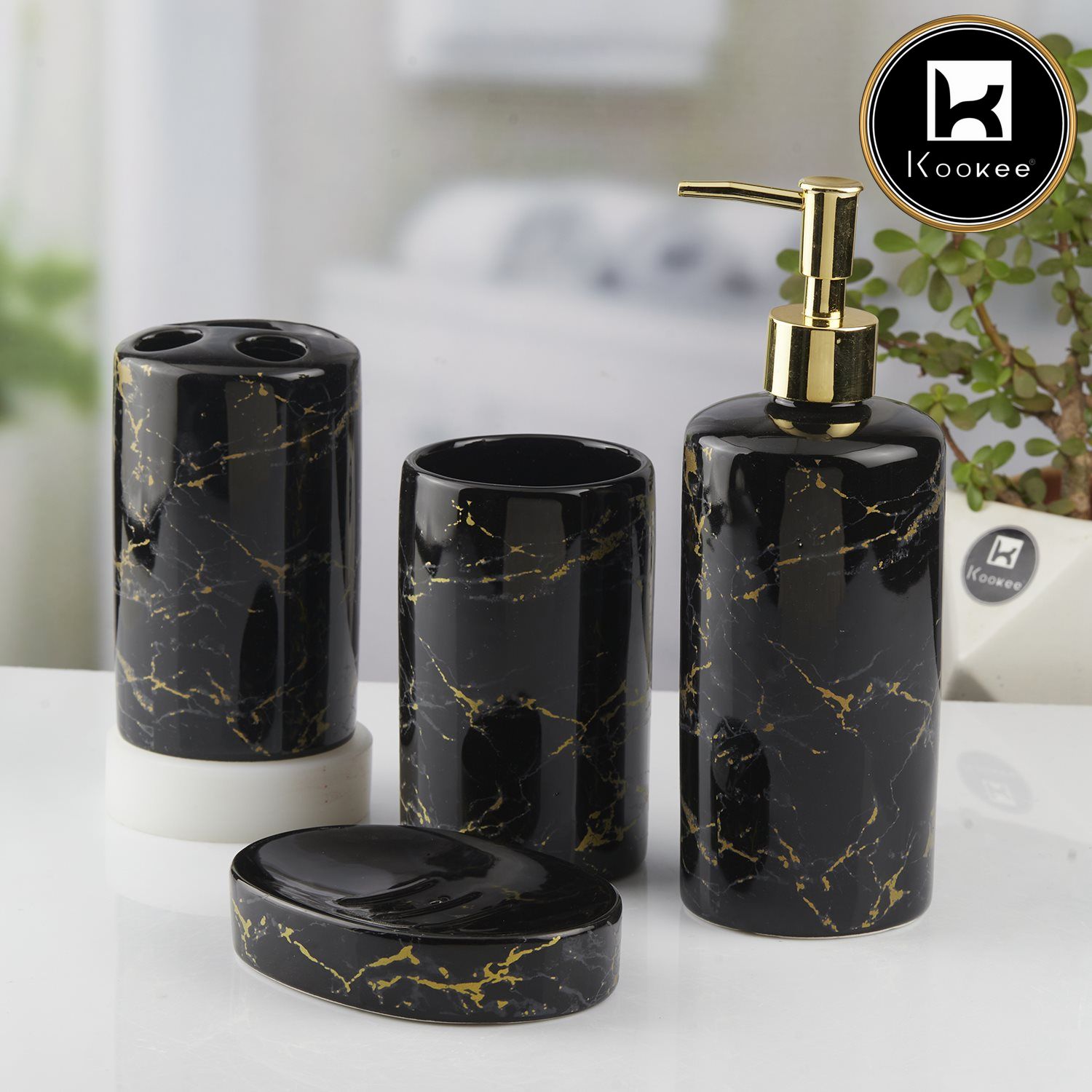 Ceramic Bathroom Set of 4 with Soap Dispenser (10390)