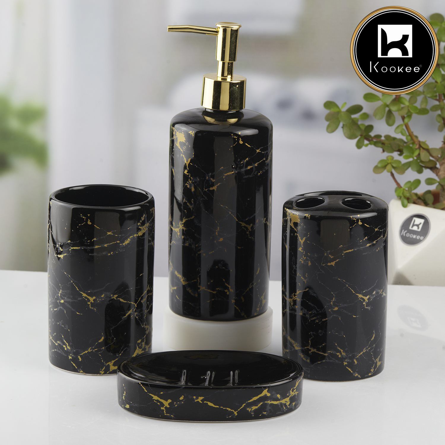 Ceramic Bathroom Set of 4 with Soap Dispenser (10390)