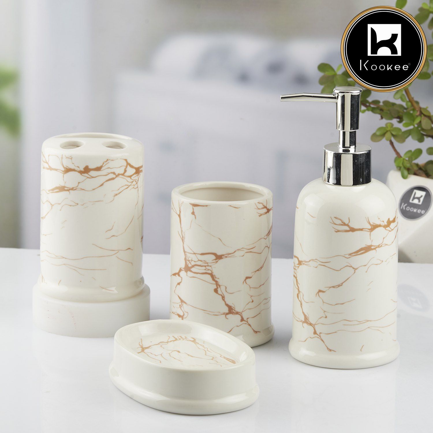 Ceramic Bathroom Accessories Set of 4 with Soap Dispenser (10392)