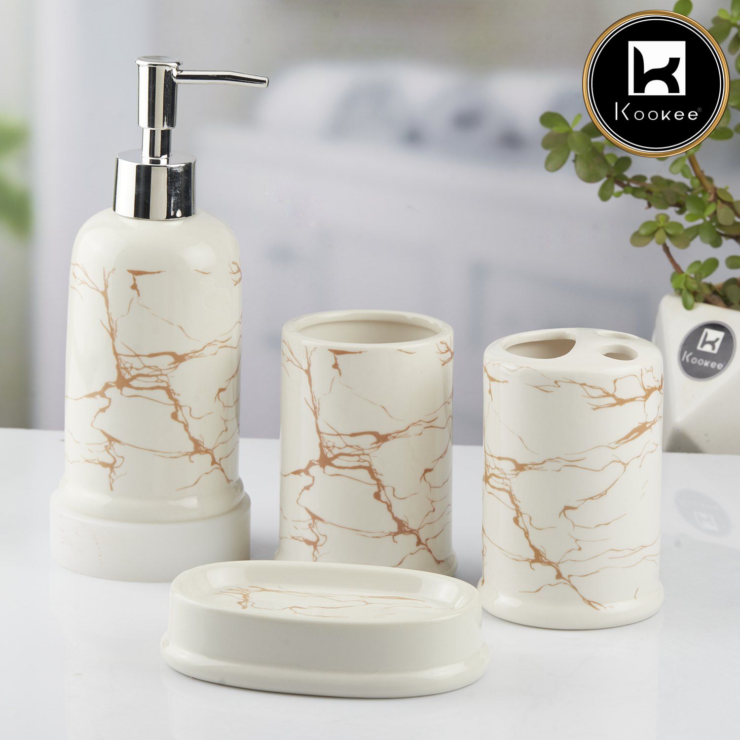 Ceramic Bathroom Accessories Set of 4 with Soap Dispenser (10392)