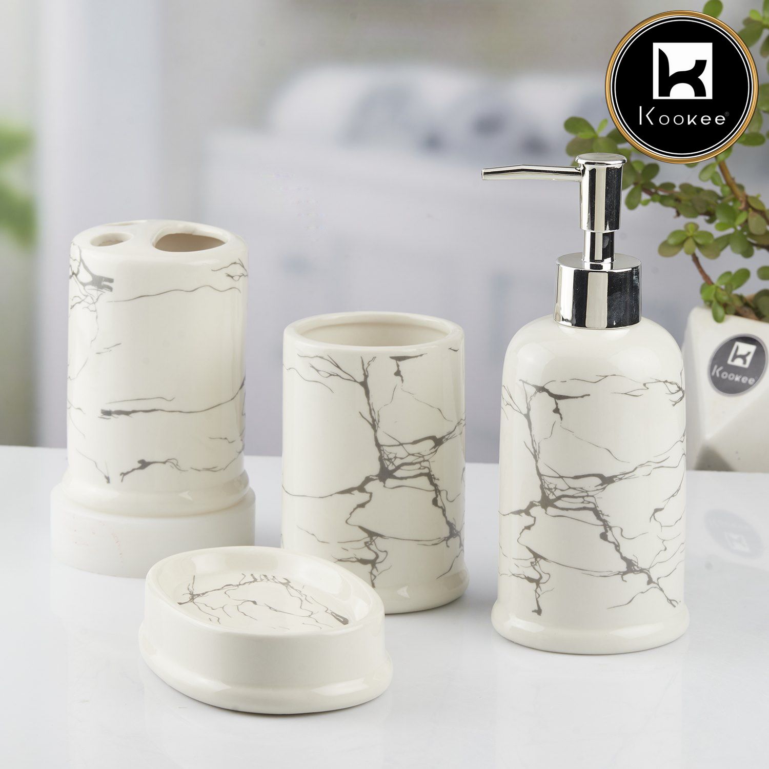 Ceramic Bathroom Accessories Set of 4 with Soap Dispenser (10393)