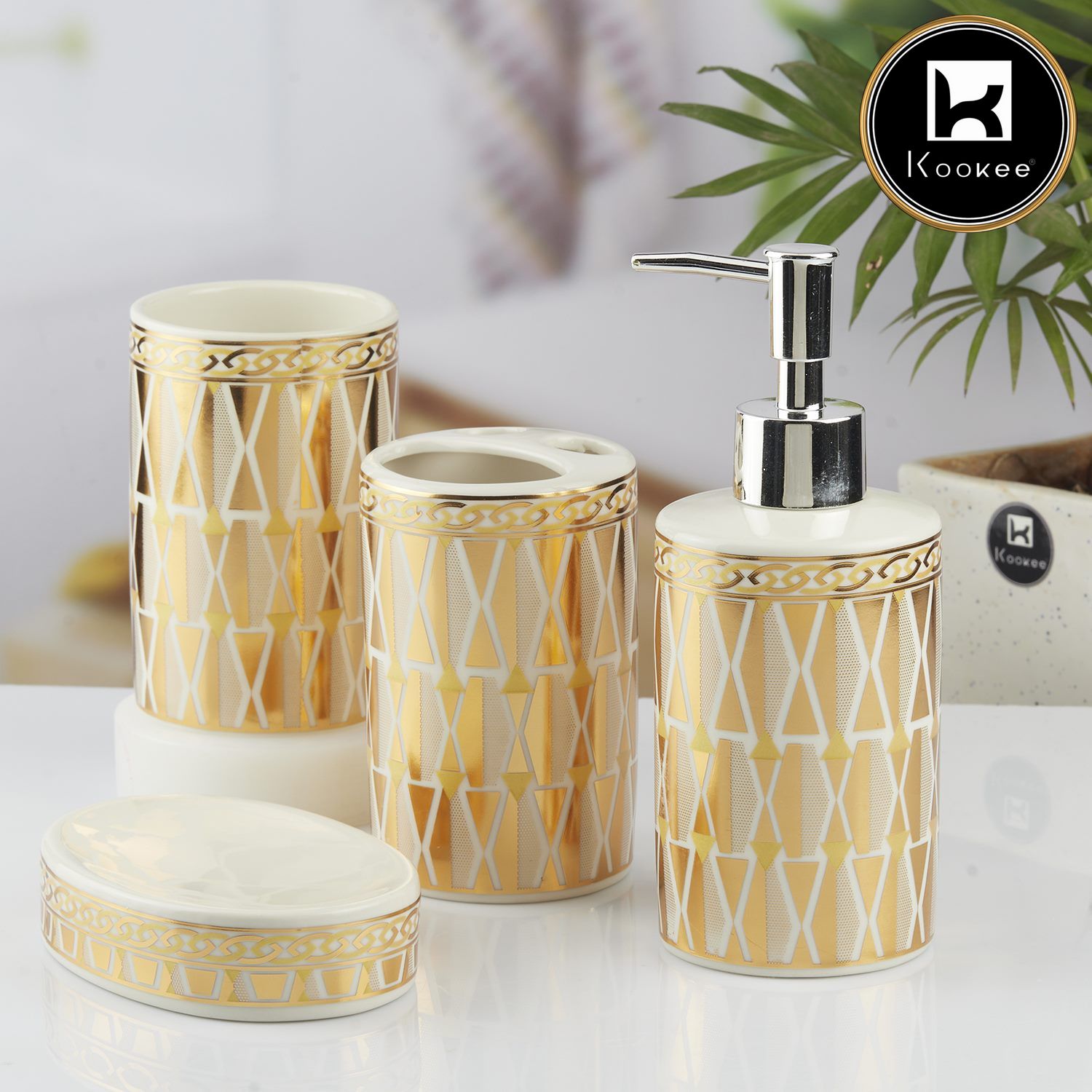 Ceramic Bathroom Set of 4 with Soap Dispenser (10394)