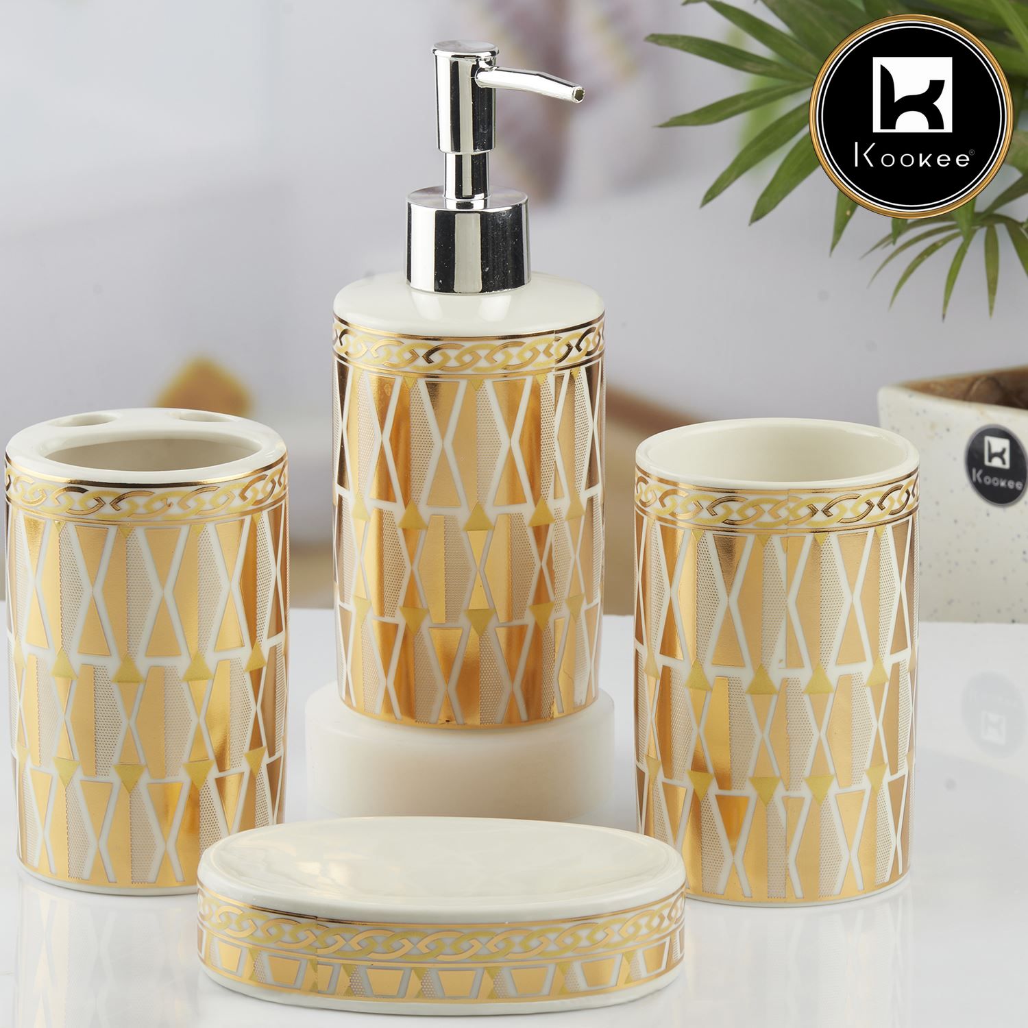 Ceramic Bathroom Set of 4 with Soap Dispenser (10394)