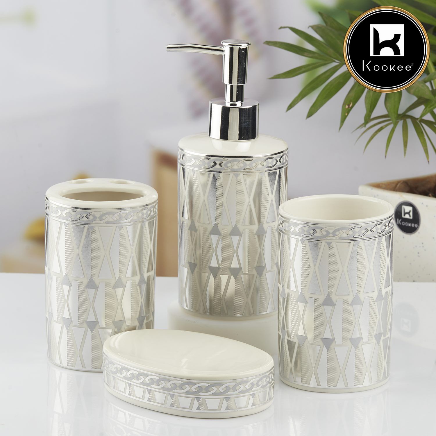 Ceramic Bathroom Set of 4 with Soap Dispenser (10395)