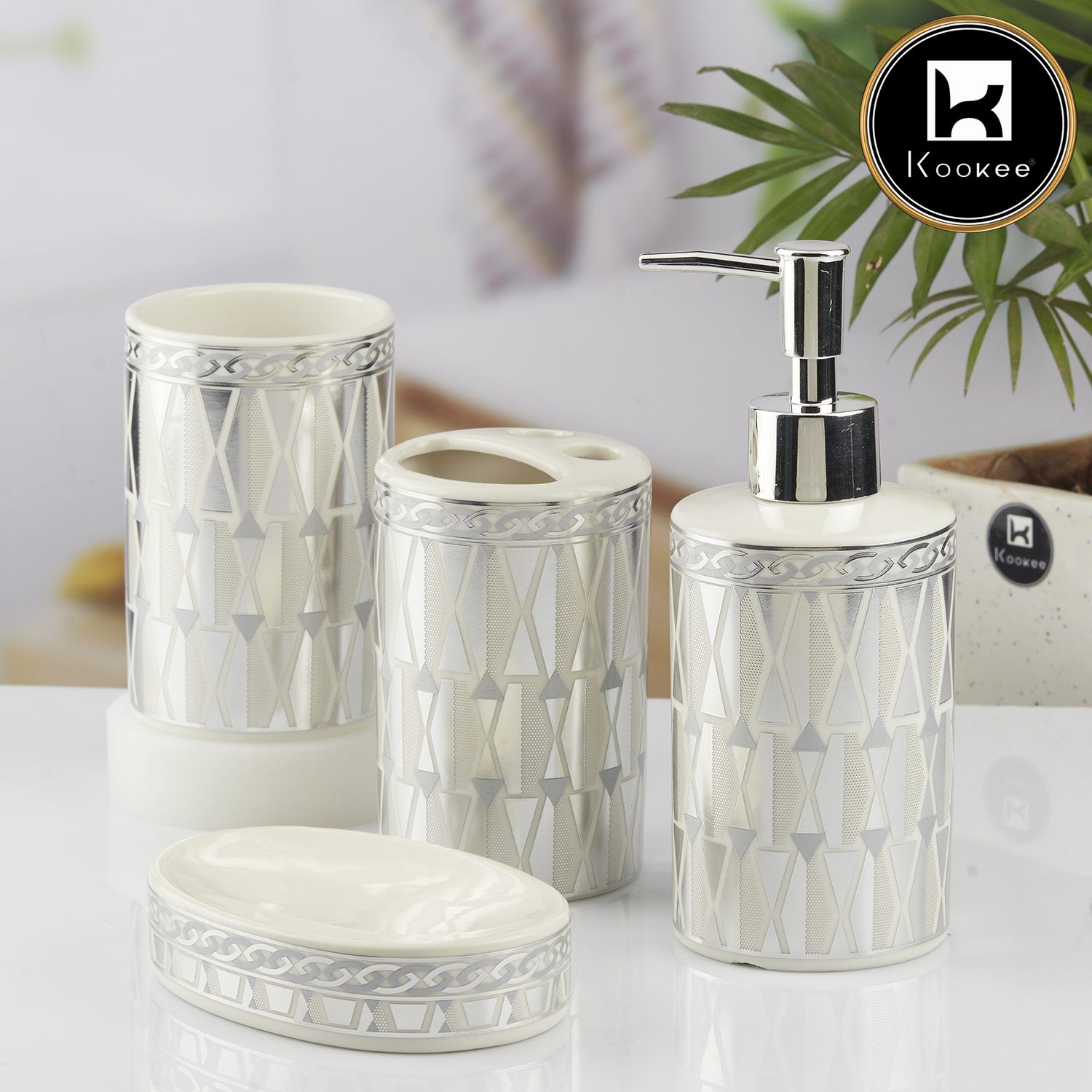 Ceramic Bathroom Set of 4 with Soap Dispenser (10395)