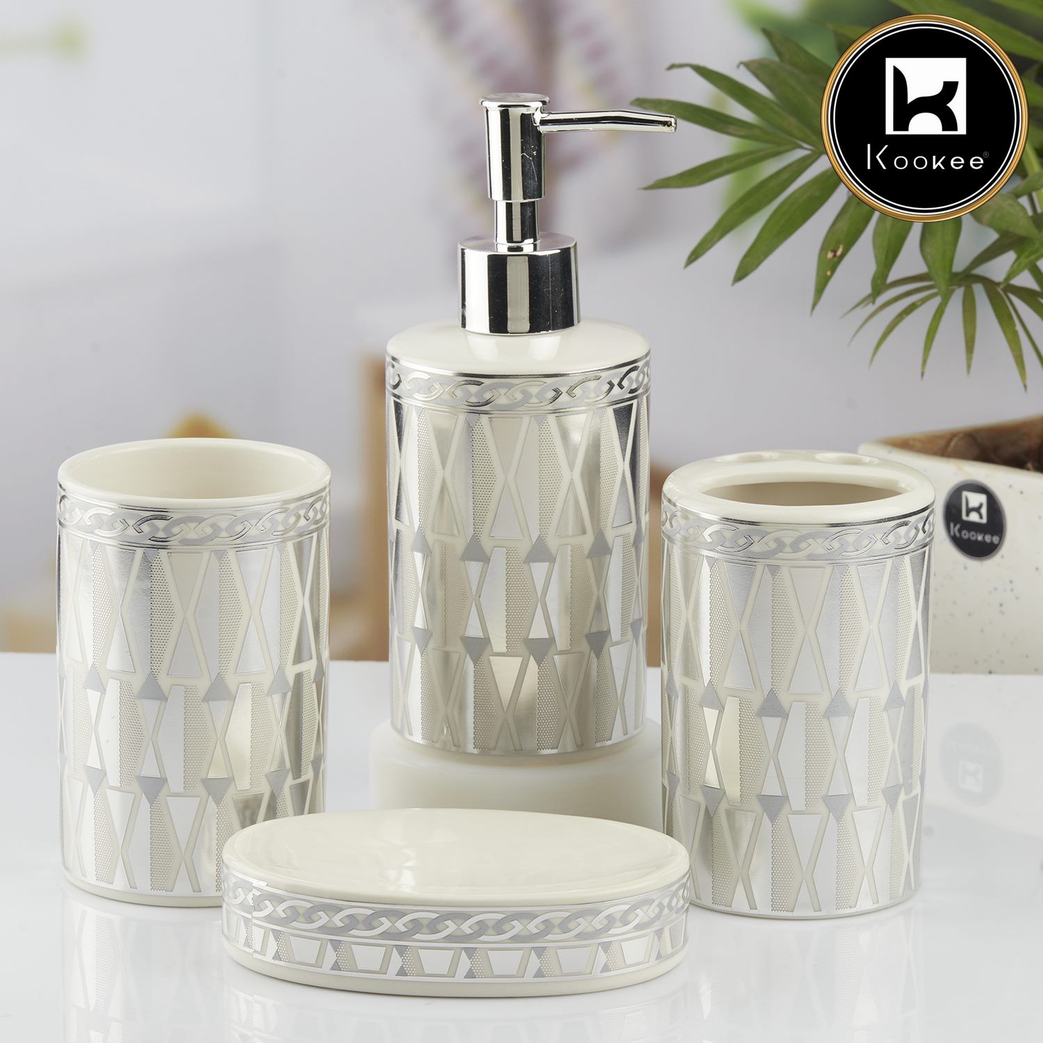 Ceramic Bathroom Set of 4 with Soap Dispenser (10395)