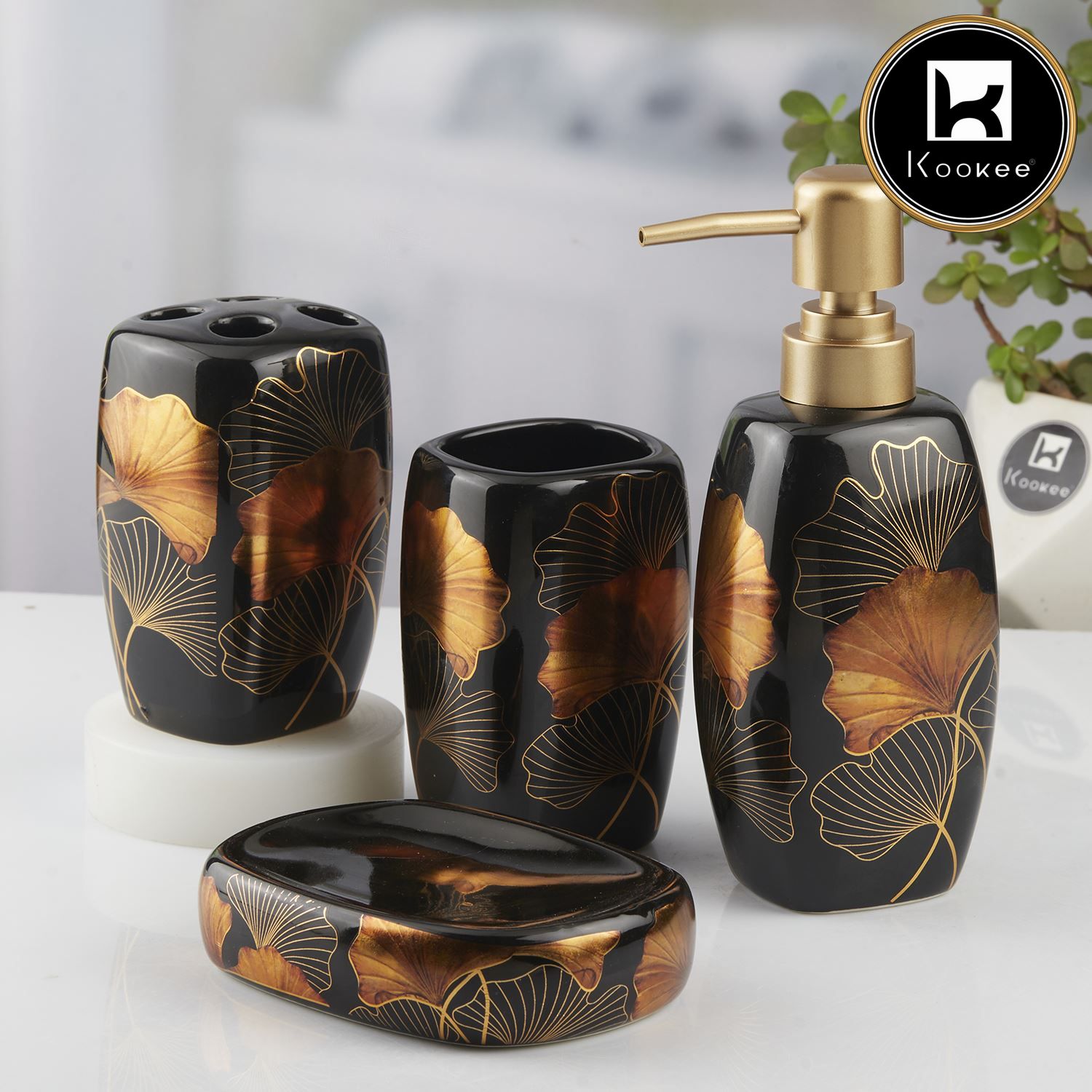 Ceramic Bathroom Set of 4 with Soap Dispenser (10396)