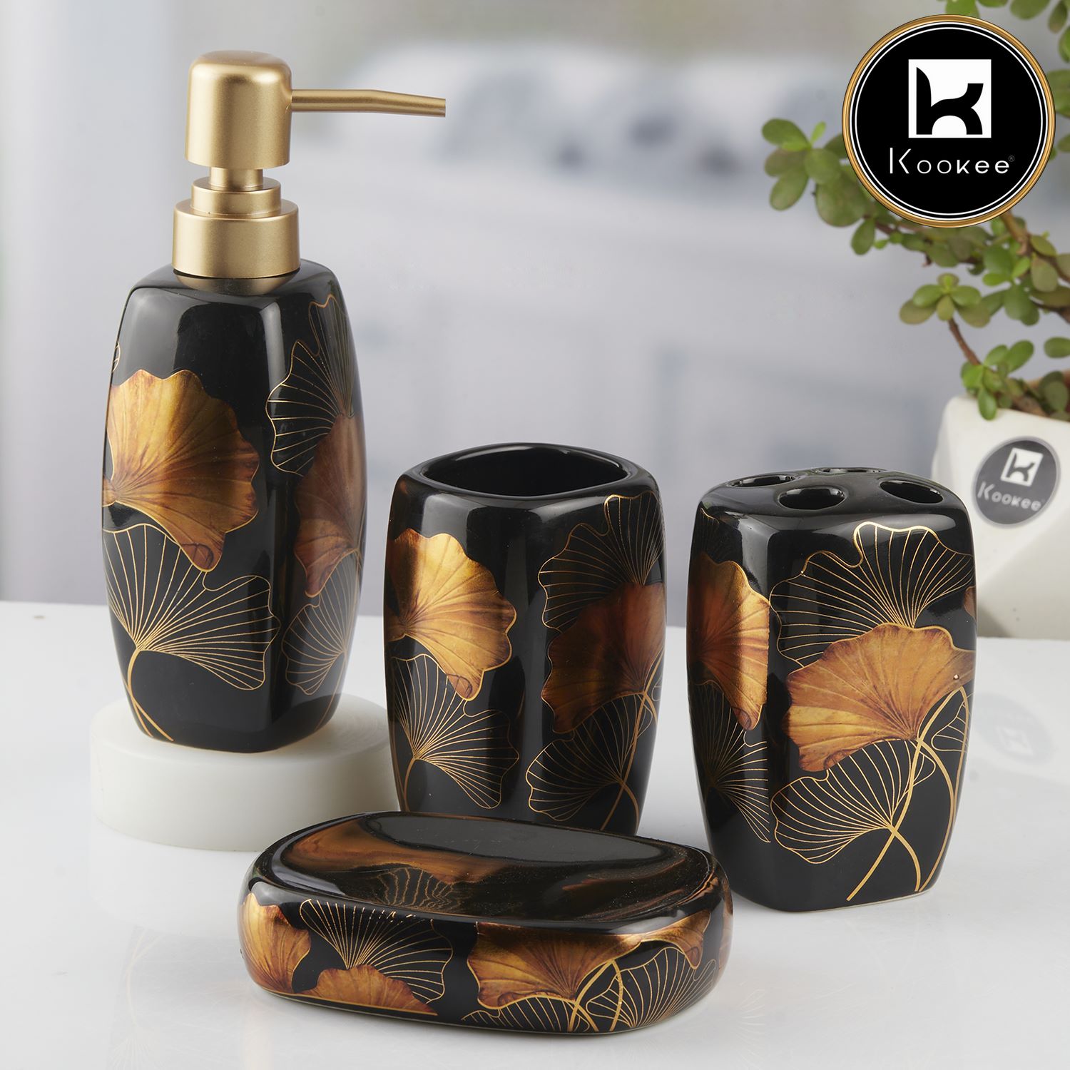 Ceramic Bathroom Set of 4 with Soap Dispenser (10396)