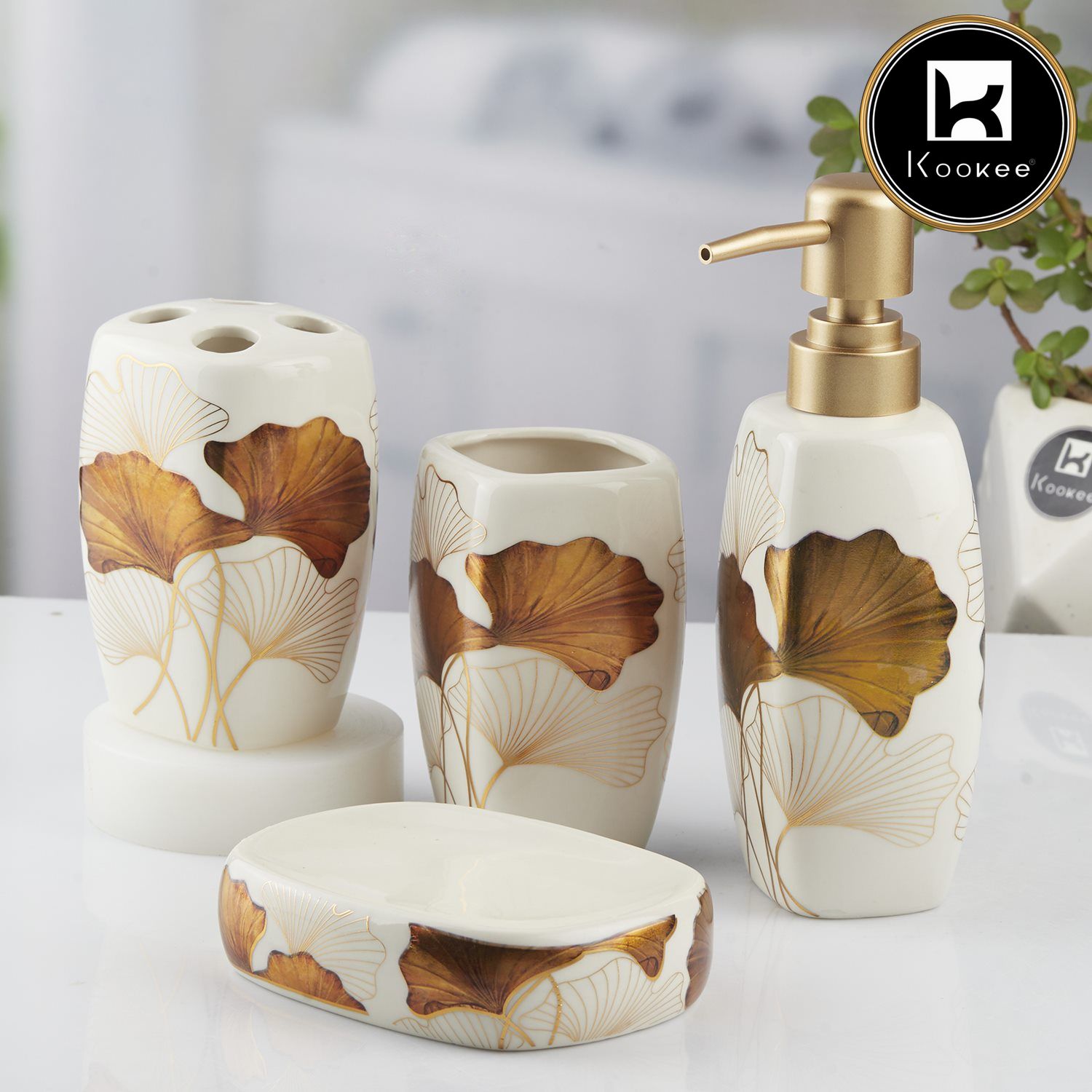 Ceramic Bathroom Set of 4 with Soap Dispenser (10397)