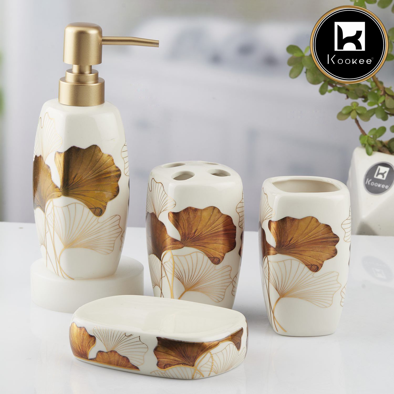 Ceramic Bathroom Set of 4 with Soap Dispenser (10397)