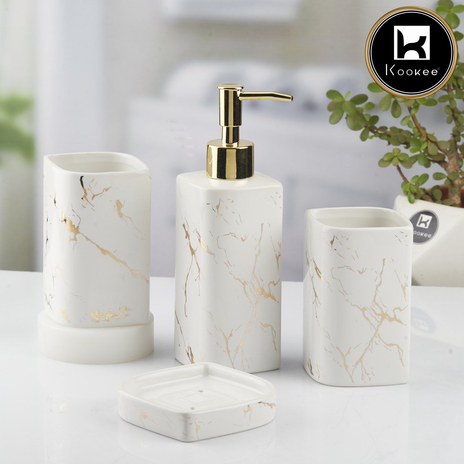 Ceramic Bathroom Set of 4 with Soap Dispenser (10398)