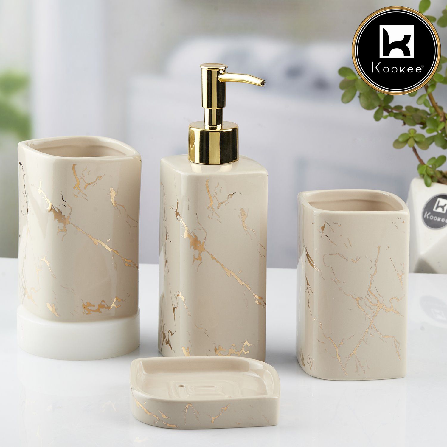 Ceramic Bathroom Set of 4 with Soap Dispenser (10400)