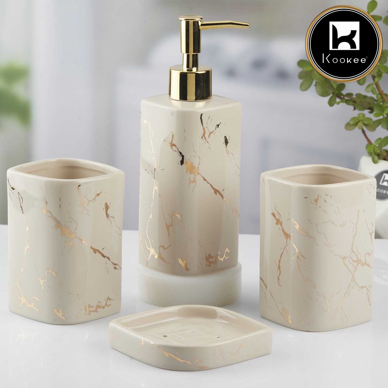 Ceramic Bathroom Set of 4 with Soap Dispenser (10400)