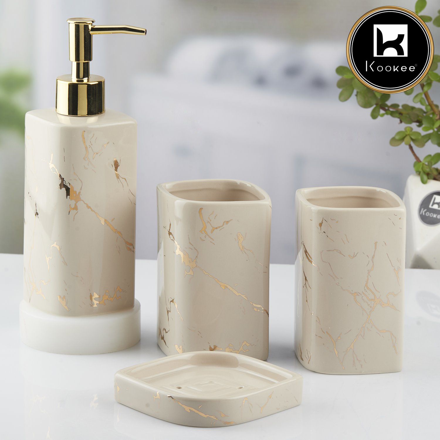 Ceramic Bathroom Set of 4 with Soap Dispenser (10400)