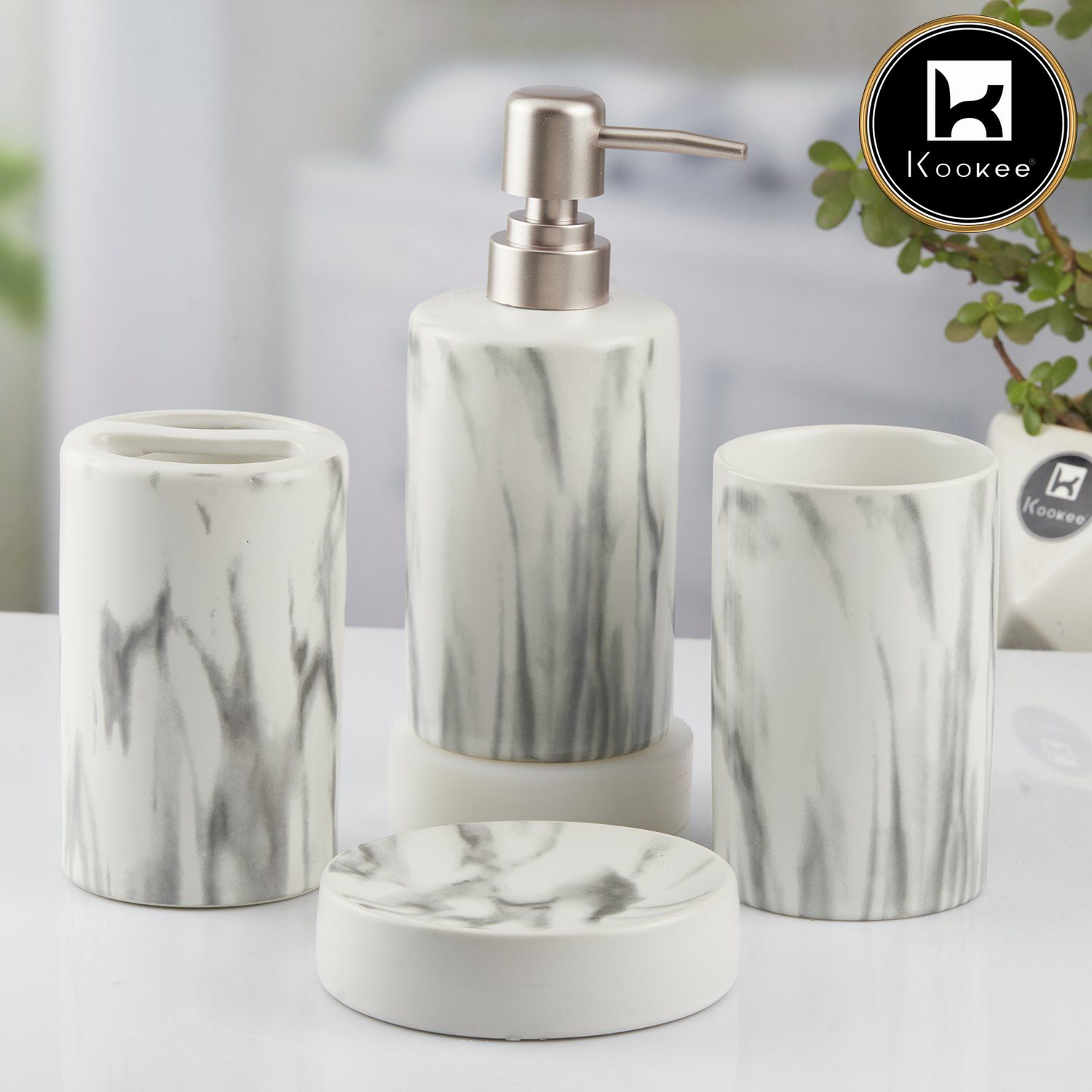 Ceramic Bathroom Set of 4 with Soap Dispenser (10424)