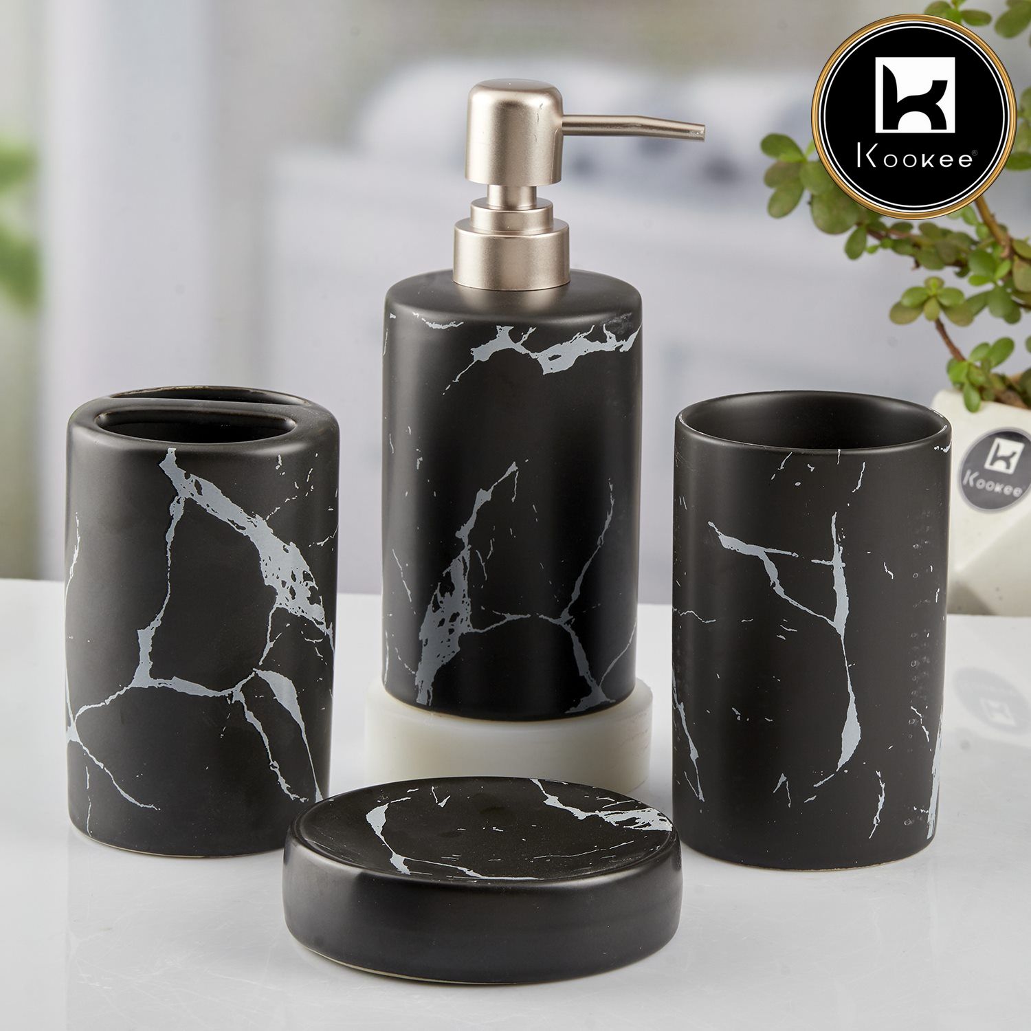 Ceramic Bathroom Set of 4 with Soap Dispenser (10425)