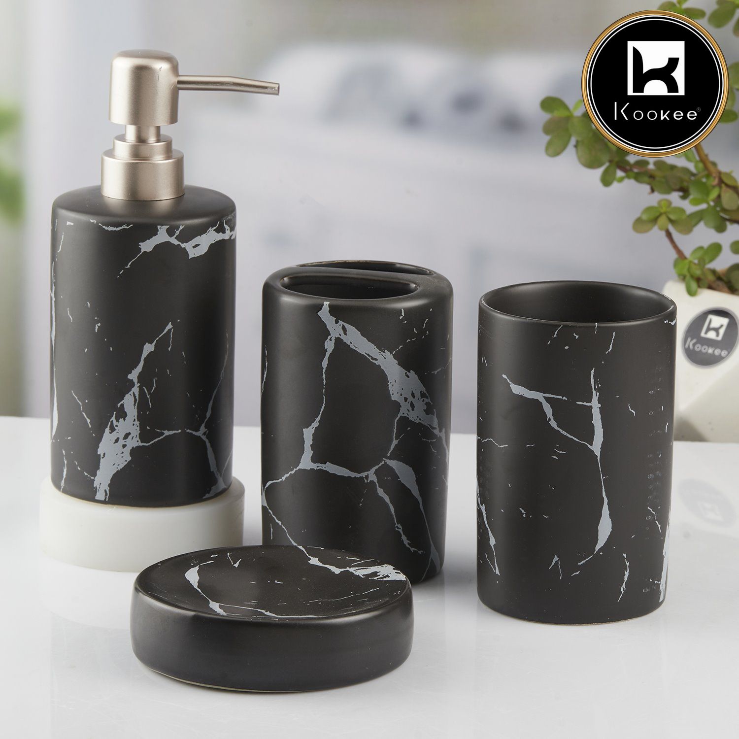 Ceramic Bathroom Set of 4 with Soap Dispenser (10425)