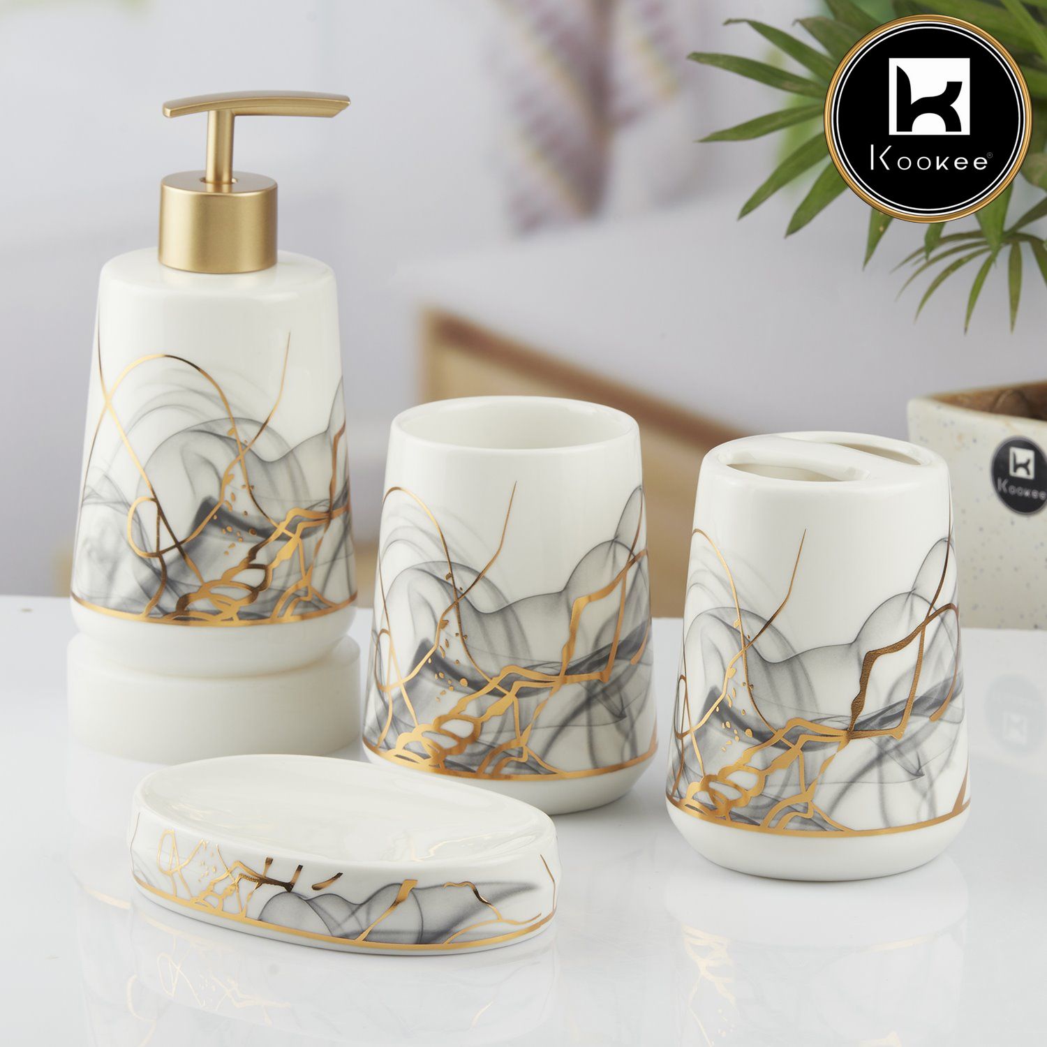 Ceramic Bathroom Accessories Set of 4 with Soap Dispenser (10426)