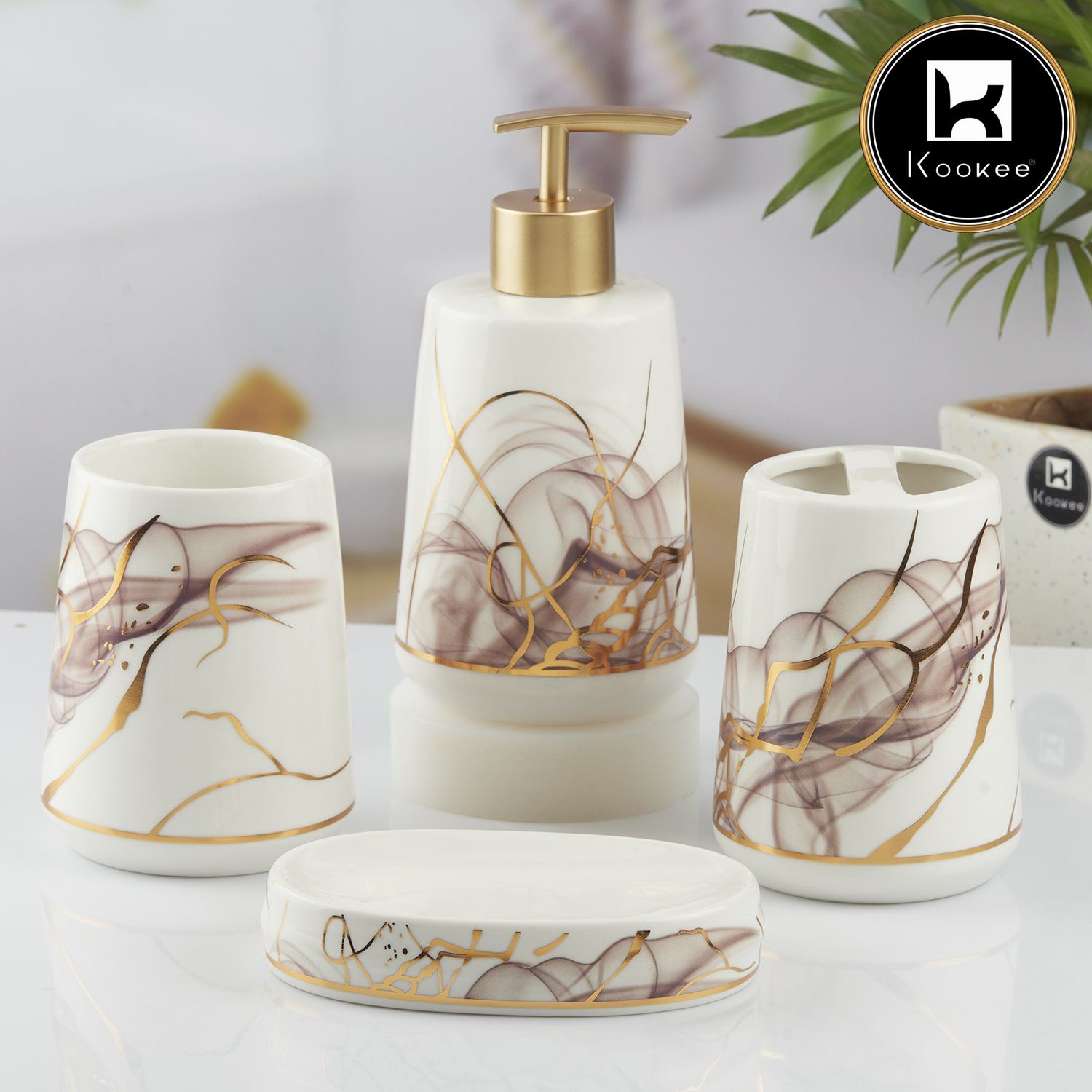 Ceramic Bathroom Set of 4 with Soap Dispenser (10427)