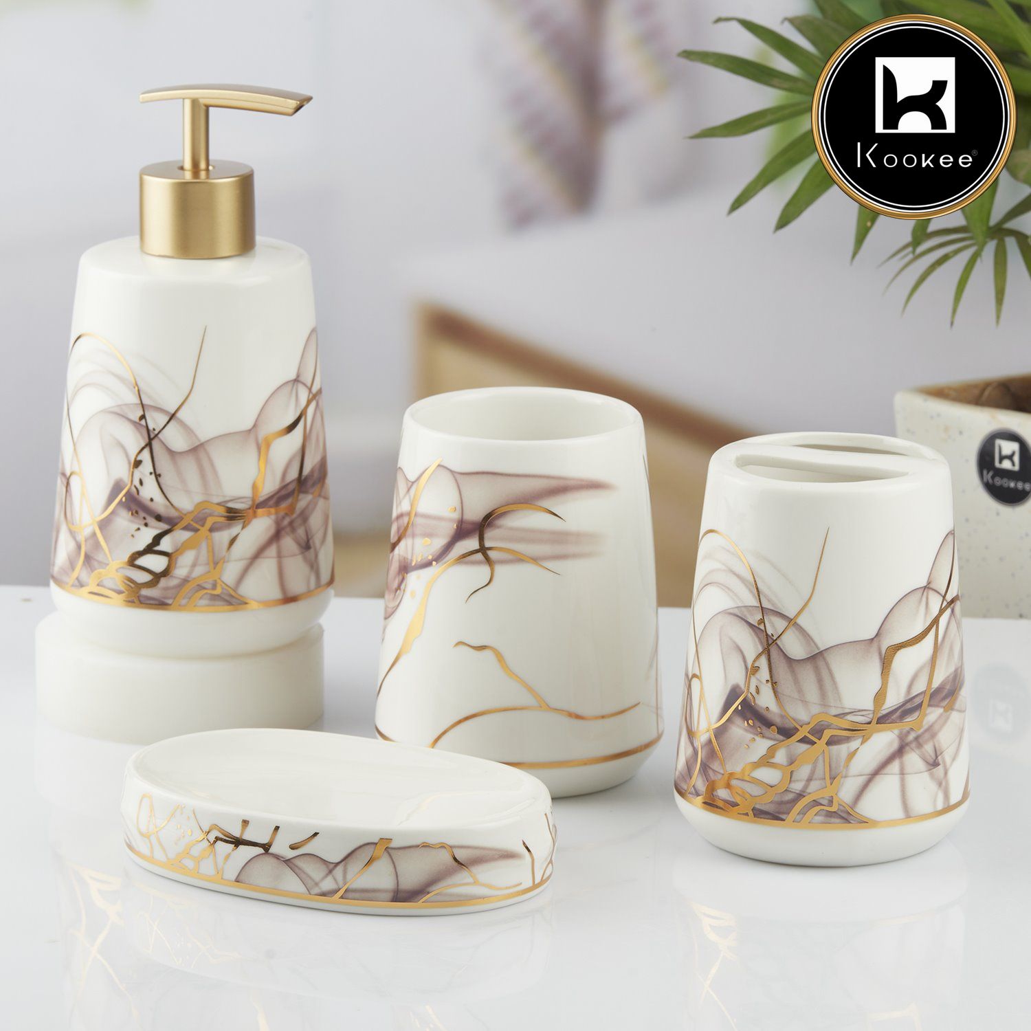 Ceramic Bathroom Set of 4 with Soap Dispenser (10427)